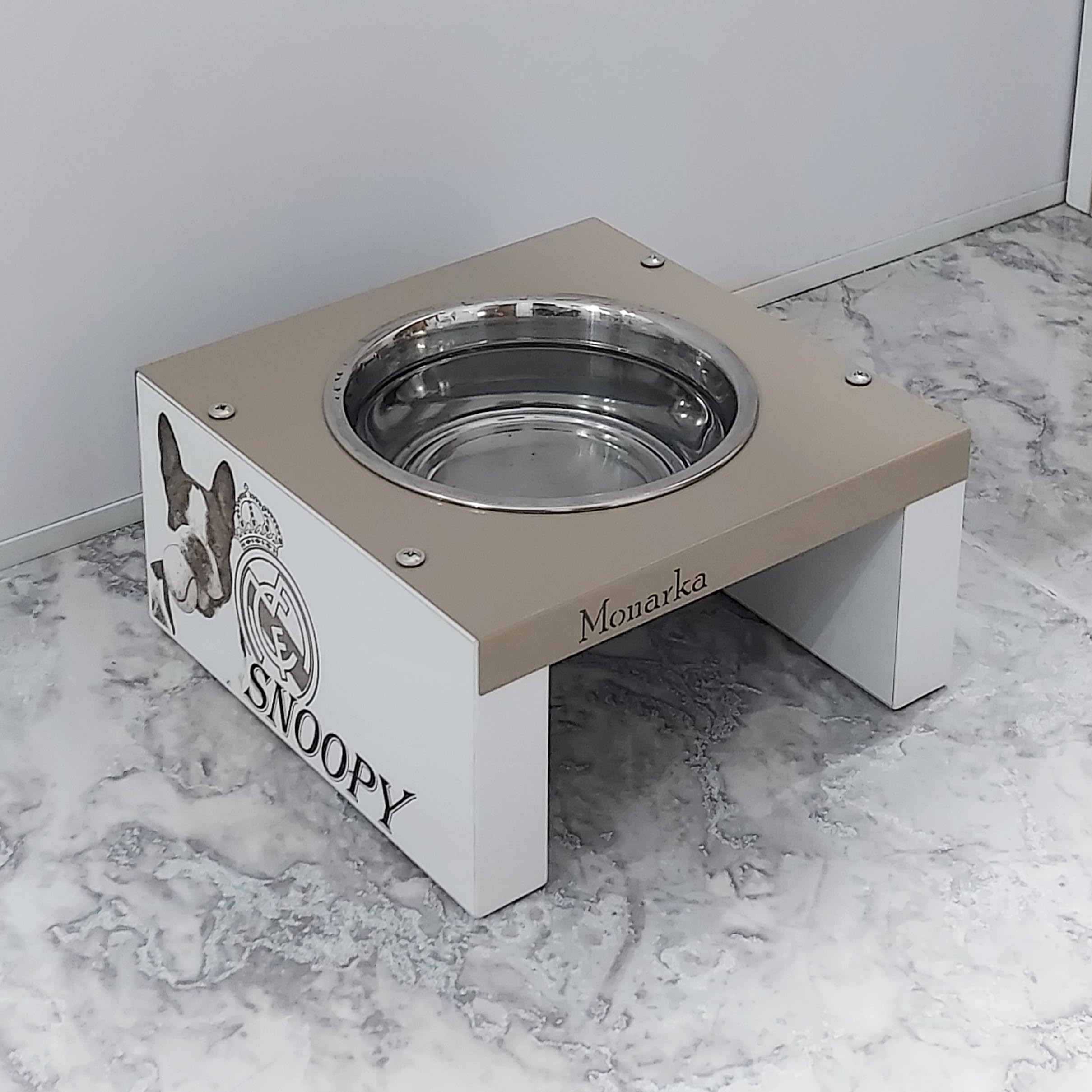 Comedero Elevado para Perros y Gatos, en Madera y Metal, Personalizado con Foto Real, Cuencos de 16 cm diámetro. Comedero de 1, 2, y 3 Cuencos. (2 Cuenco/10 cm Alto)