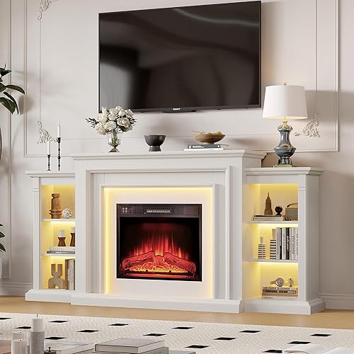72" LED Lights Electric Fireplace with Mantel, Fireplace TV Stand for TVs Up to 80",Modern Entertainment Center with Storage, Delicate Three-Dimensional Molding with Remote Control for Living Room
