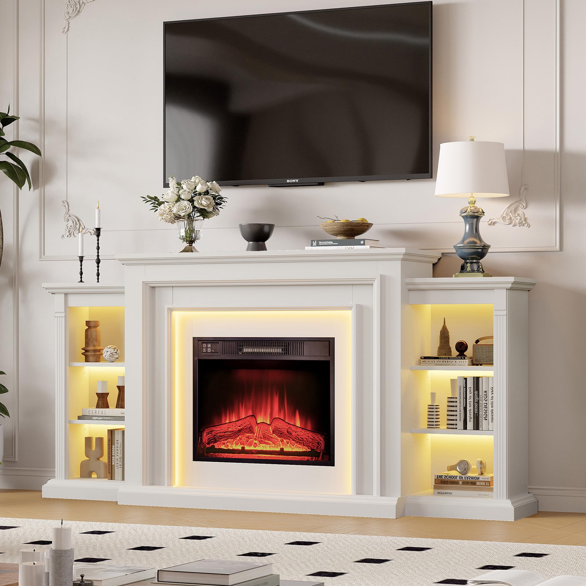 72" LED Lights Electric Fireplace with Mantel, Fireplace TV Stand for TVs Up to 80",Modern Entertainment Center with Storage, Delicate Three-Dimensional Molding with Remote Control for Living Room