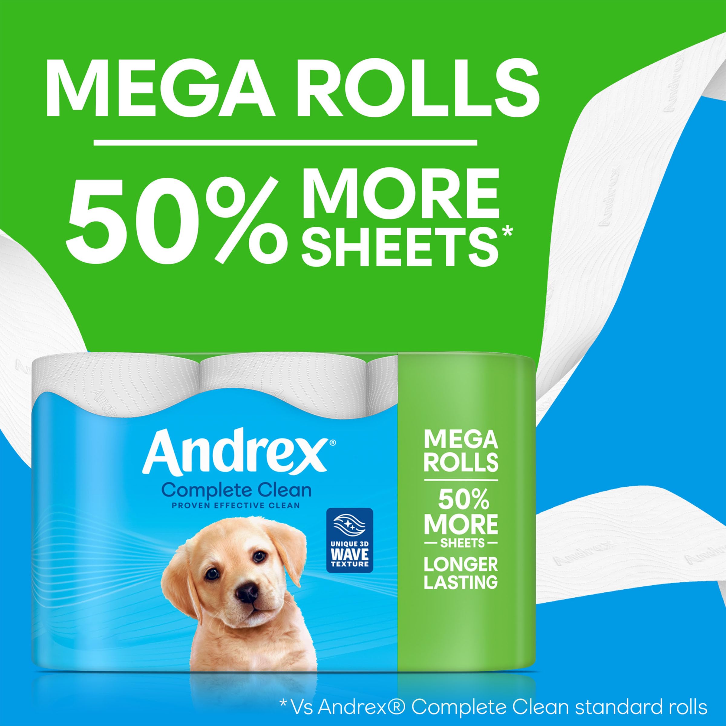 Andrex Complete Clean 12 Mega Toilet Rolls= 18 Standard Toilet Rolls, 50% Longer Lasting Paper with unique 3D Wave Texture for a Proven, Effective Clean, FSC Certified - 3