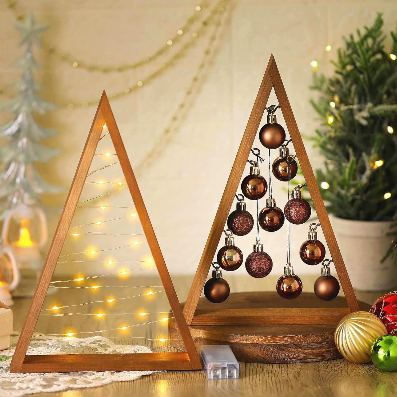 2pcs Minimalist Wooden Christmas Tree Shelf with Lights Balls Simplicity Lighted Christmas Tree Centerpiece Modern Farmhouse Xmas Tree Tabletop for Mantle Shelf(Gradient Brown)