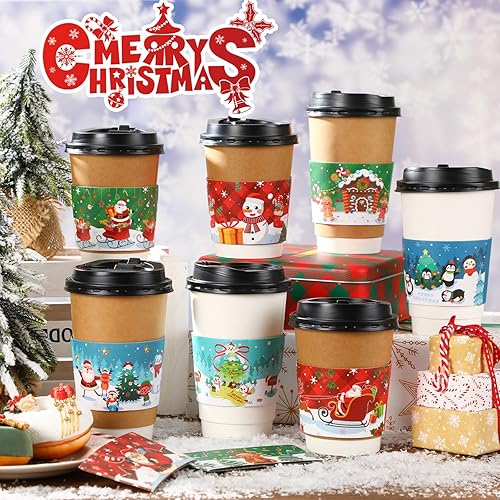 Miniatura 4 de NOVWANG 54 fundas para tazas de café navideñas, divertidas fundas desechables de papel para tazas de 12 y 16 onzas, suministros de fiesta de