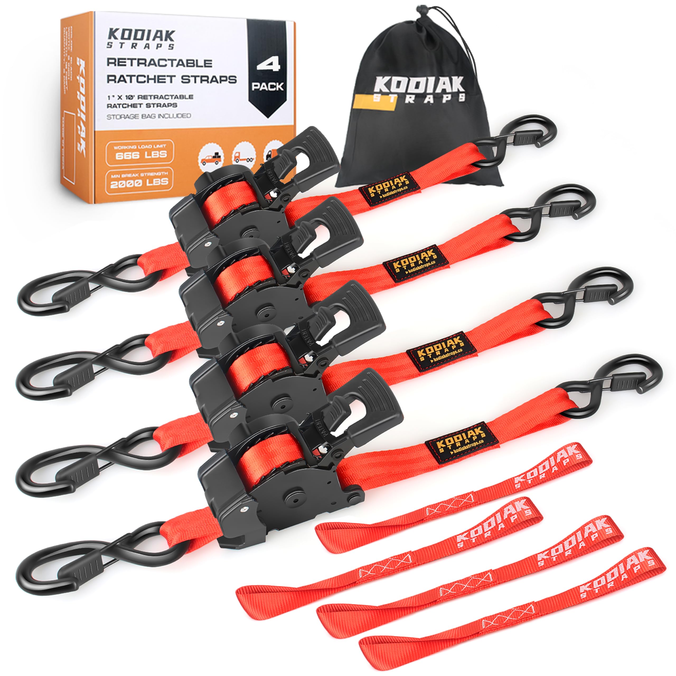 KODIAK STRAPS Automatik Spanngurte 25mm 3m mit S Haken | 800KG Selbstaufrollend Spanngurte mit Ratsche | Zurrgurte mit Ratsche für LKW Anhänger, Motorrad, Fahrrad | Rot - 4 Stück