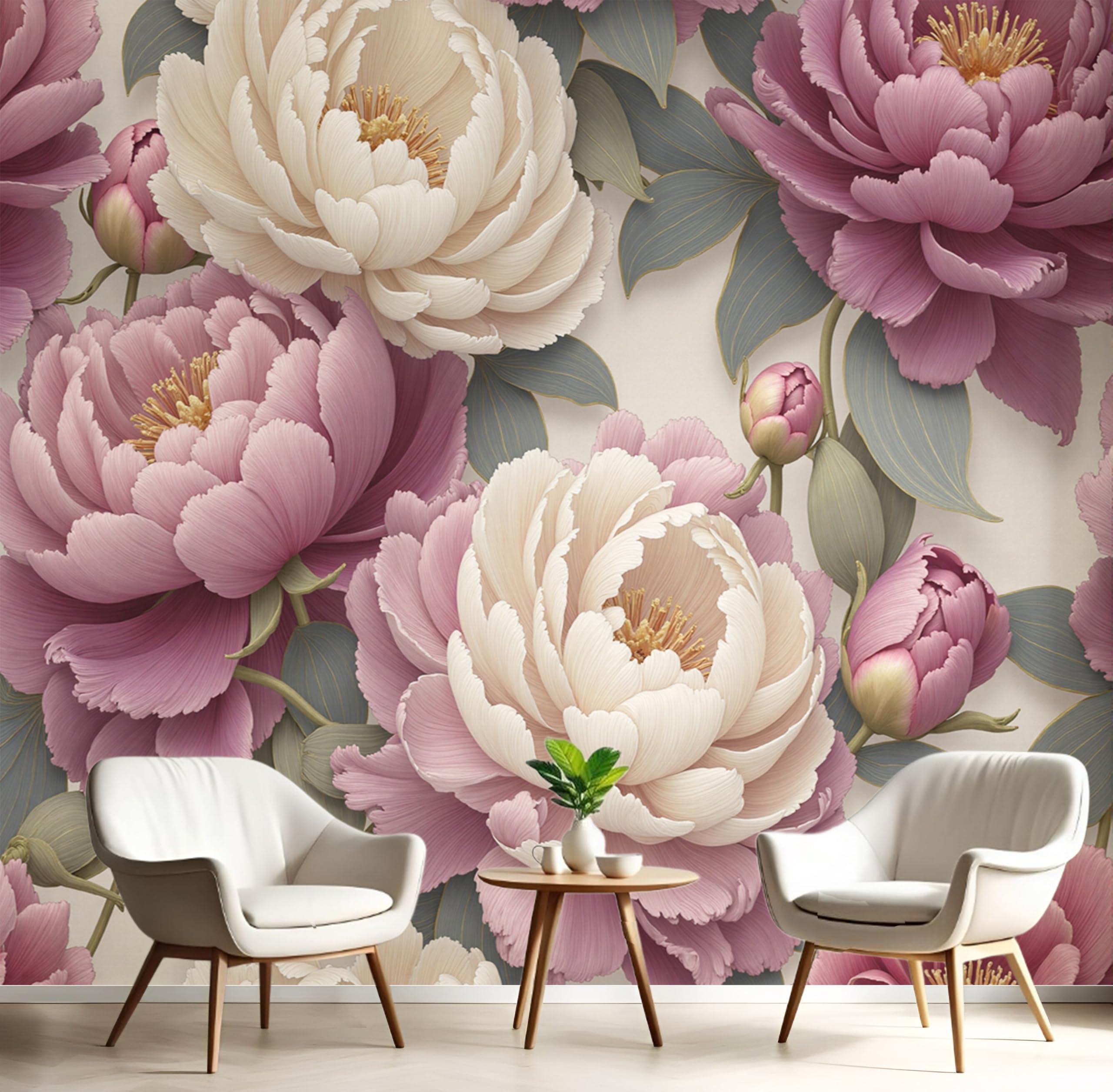 Papier peint pivoine 3D crème : la solution pour agrandir un mur