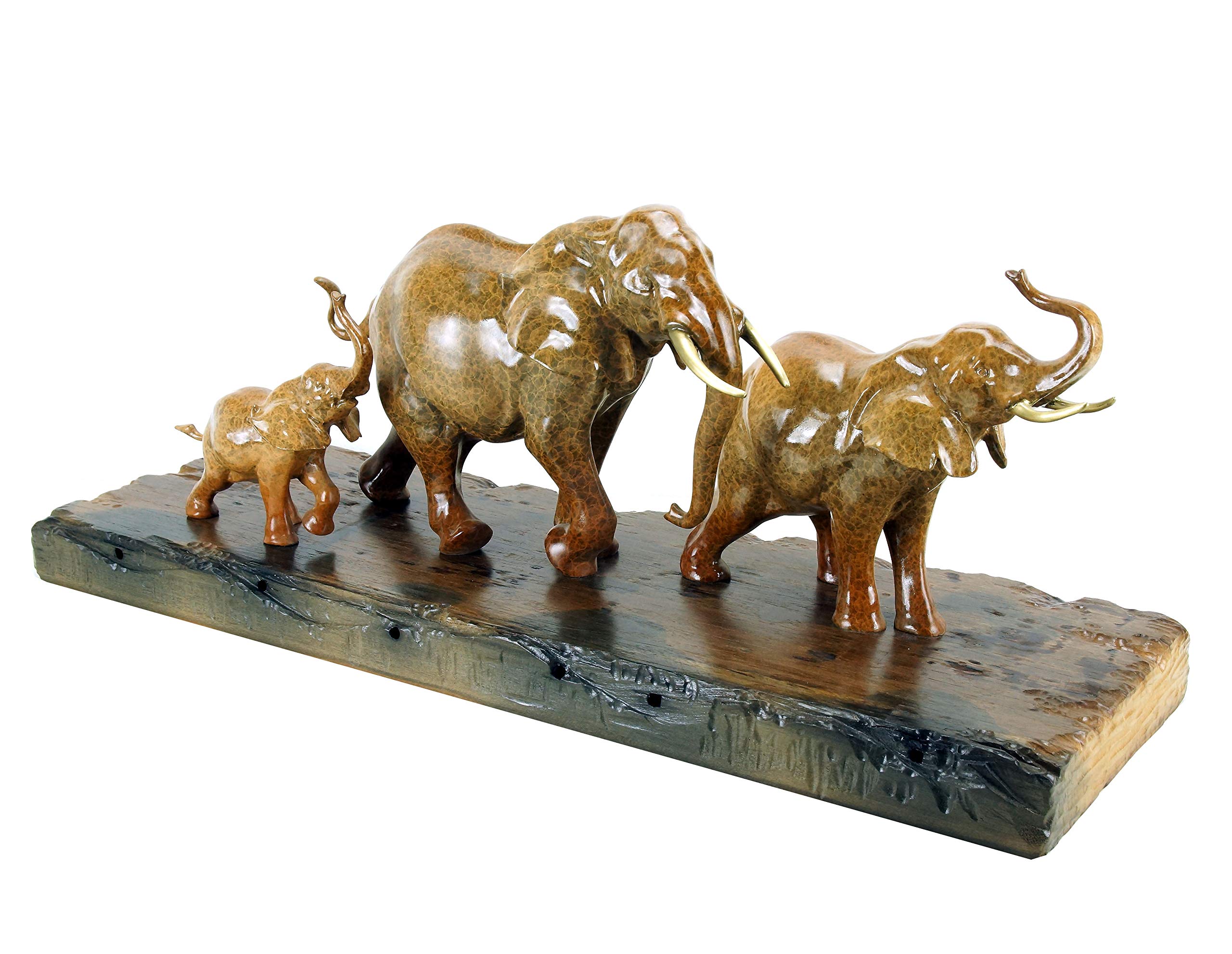 Kunst & Ambiente - Familia de Elefantes en Bronce sobre Tabla de Barcos - Escultura Animal de Milo - Figura Decorativa de Elefante - Ancho 90 cm - Base de Madera