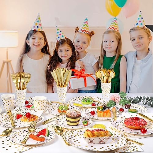 Miniatura 5 de 350 piezas de suministros dorados para fiestas, platos de papel blanco con puntos dorados, servilletas, tazas y cubiertos de plástico, juegos de