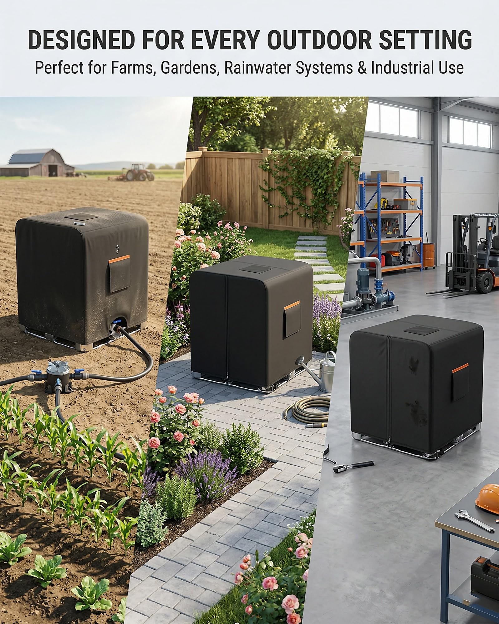IBC - Funda para bolsa IBC con cremallera, se adapta a tanques de agua de 275 galones, 600D resistente al agua y material de protección solar, color negro