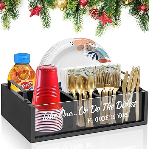 Soporte para platos de papel para encimera de cocina, organizador de utensilios de madera, para platos, tazas, tenedores, cuchillos, cuchara,