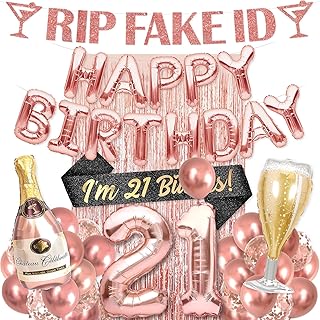 21st Birthday Decorations for Her RIP FAKE ID Banner with Happy Birthday Balloon Banner Rose Gold Supplies Big Set with and 21 BDay Digit Balloons for Women with Black Glitter Sash