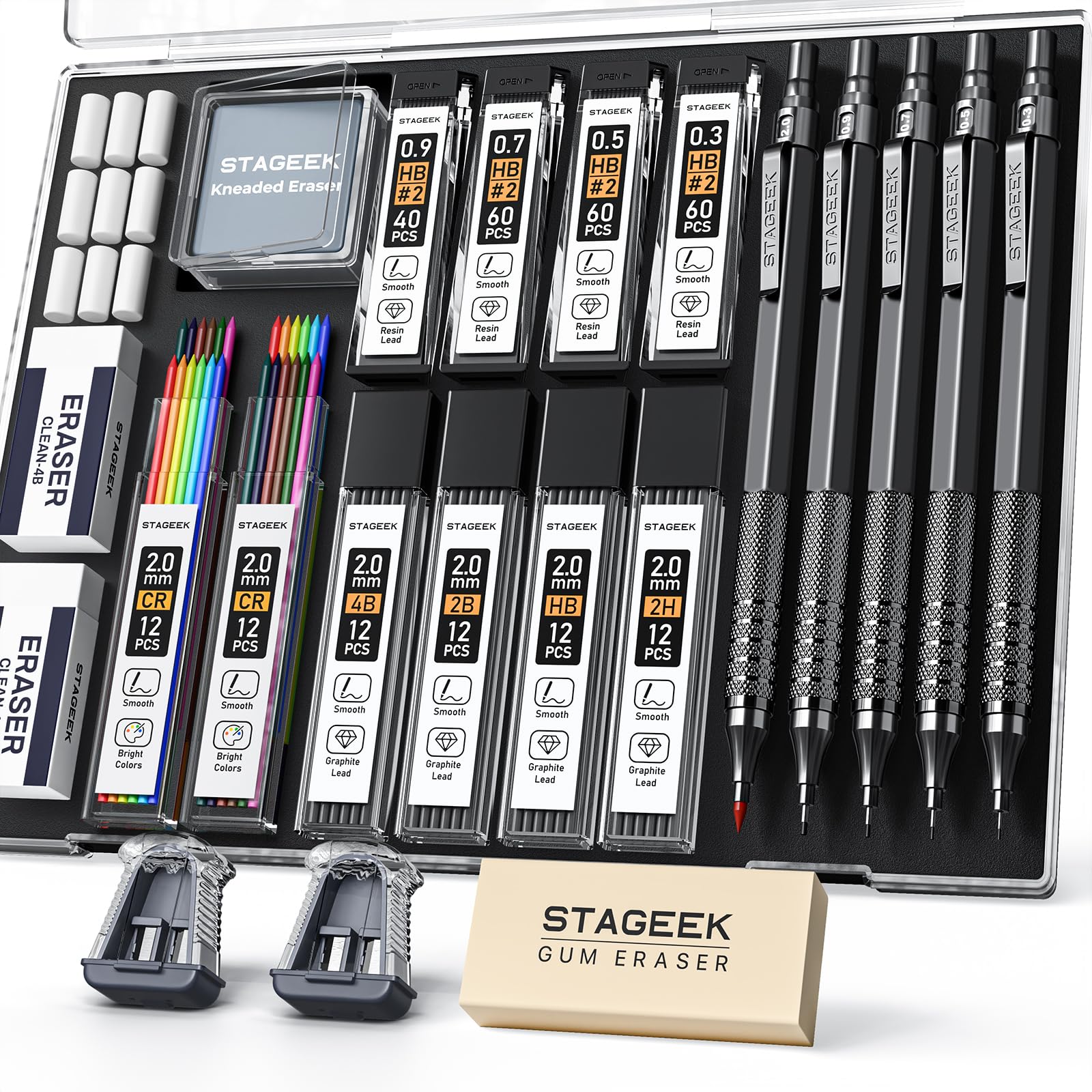 STAGEEK 21PCS Metal Mechanical Pencil Set, Art Lead Pencil 0.3, 0.5, 0.7, 0.9, 2mm Holder(HB 2H 2B 4B Color) with 10 Tubes Graphite Lead Refills Eraser with Case for Drafting Drawing Sketching