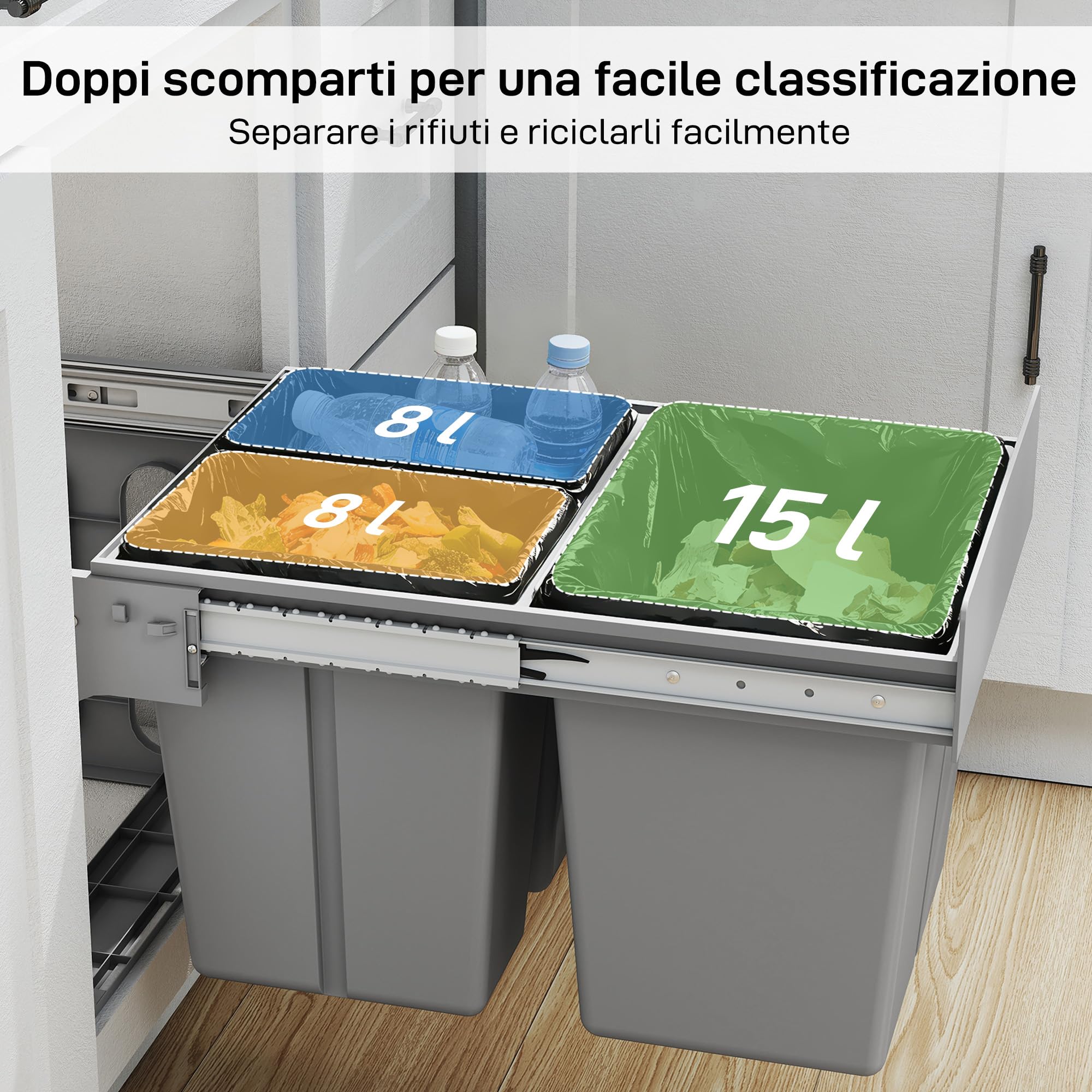 HOMCOM Pattumiera Estraibile Sottolavello 48x34.3x35.1 cm Grigio Chiaro | per Raccolta Differenziata 31L, Bidone Rifiuti, 3 Secchi Rimovibili, con Piano Superiore