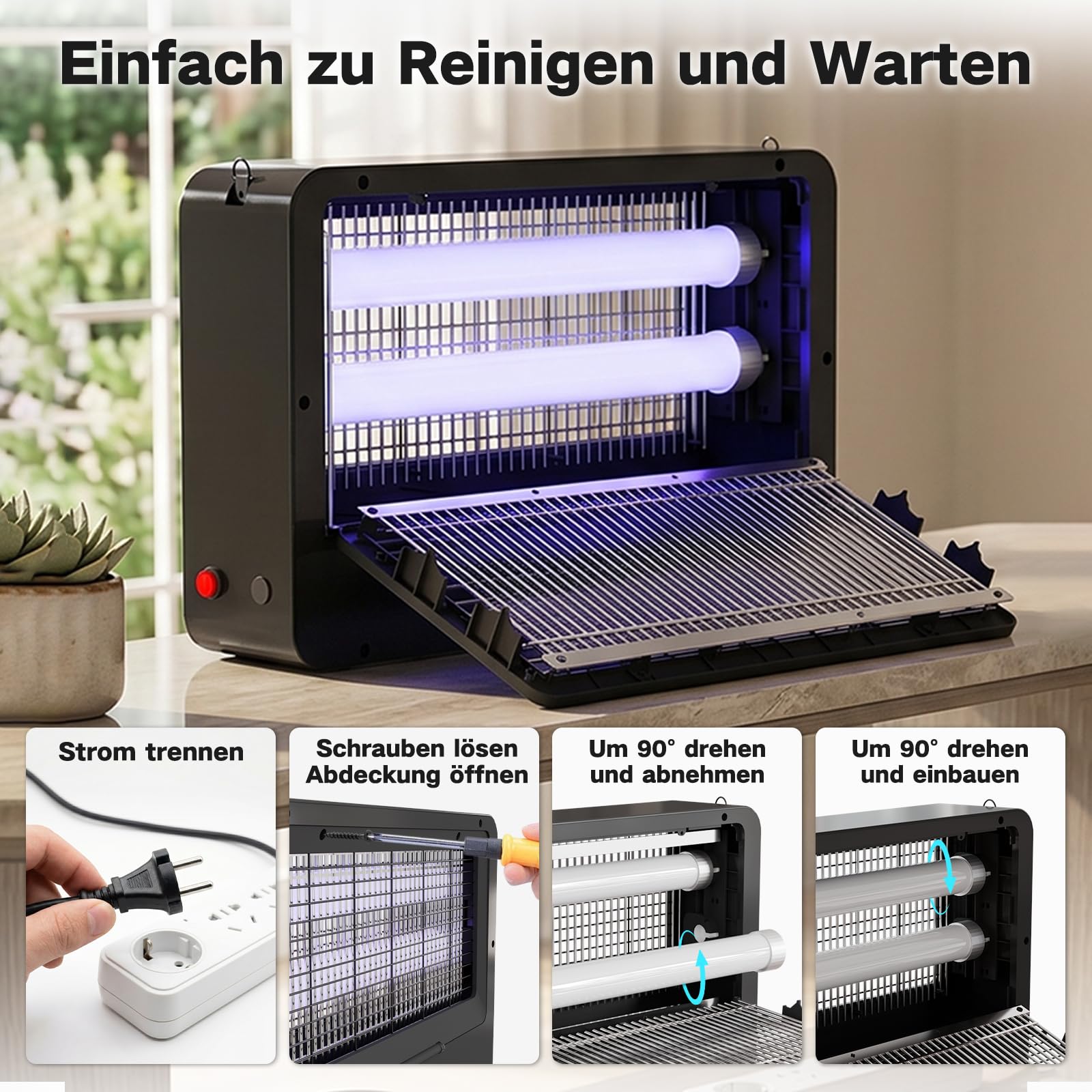 YFFU Insektenvernichter Elektrisch, 4000V Doppelseitiger Mückenfalle mit 2 Austauschbaren UV-Röhren,Elektrische Fliegenfalle mit Hängekette,Abnehmbares Mückenlampe für Innen und Außeneinsatz