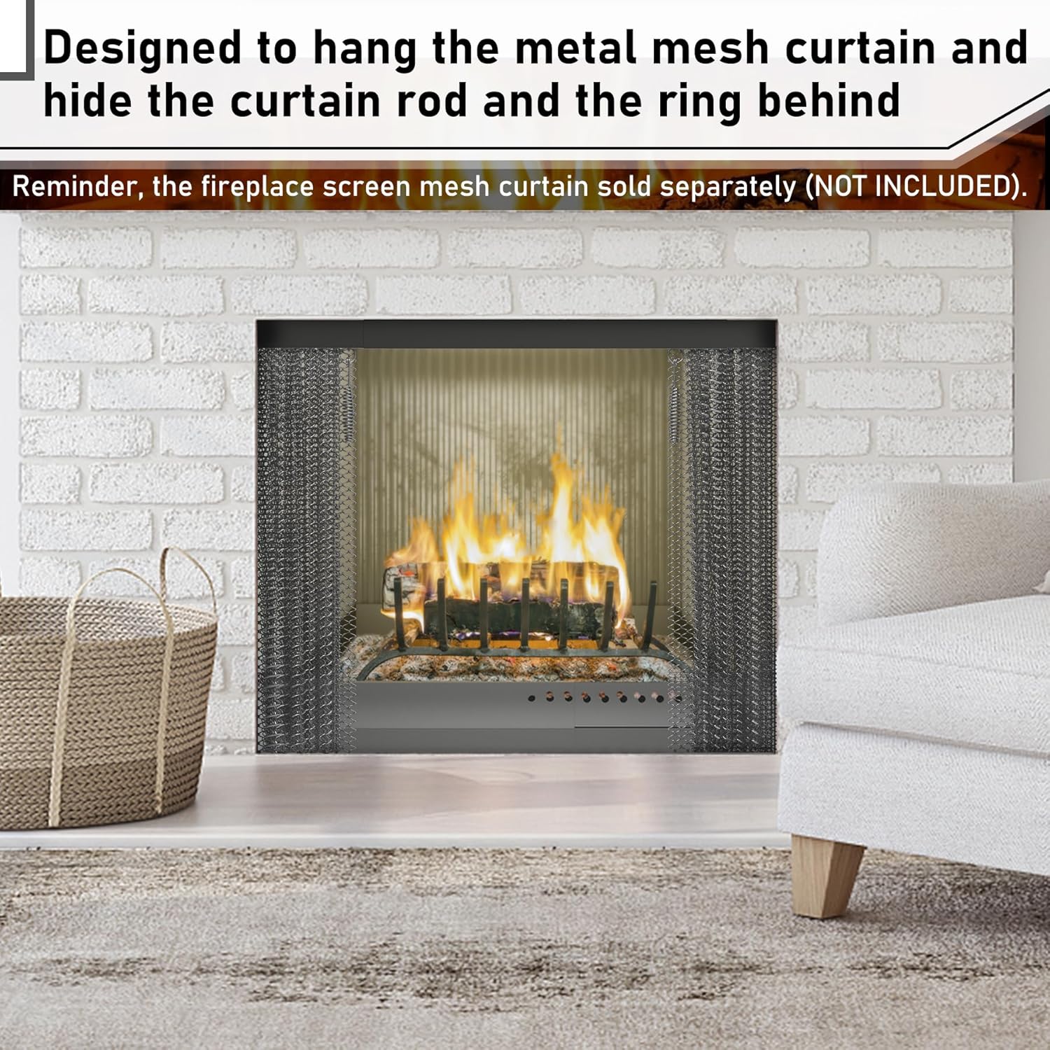 Flehomo Adjustable Fireplace Rod Kit for Fireplace Spark Screen, Rod and Valance Kit Install to Leveling The Fireplace Mesh Screen Curtain