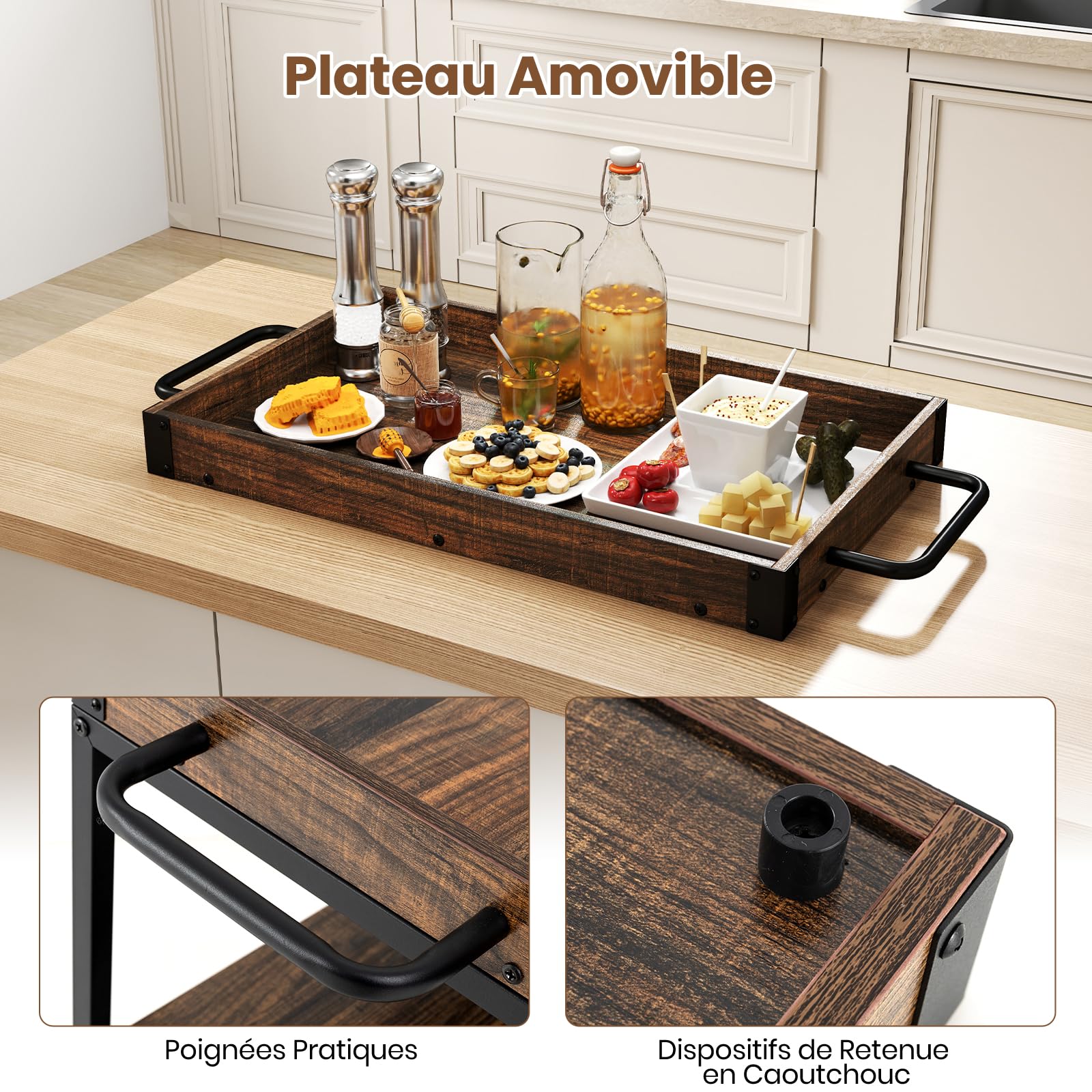GIANTEX Carrello Bar con Ruote Bloccabili, 3 Livelli, Vassoio Rimovibile, Armadietto per Vino e Portabicchieri, 84x40x90 cm, Marrone