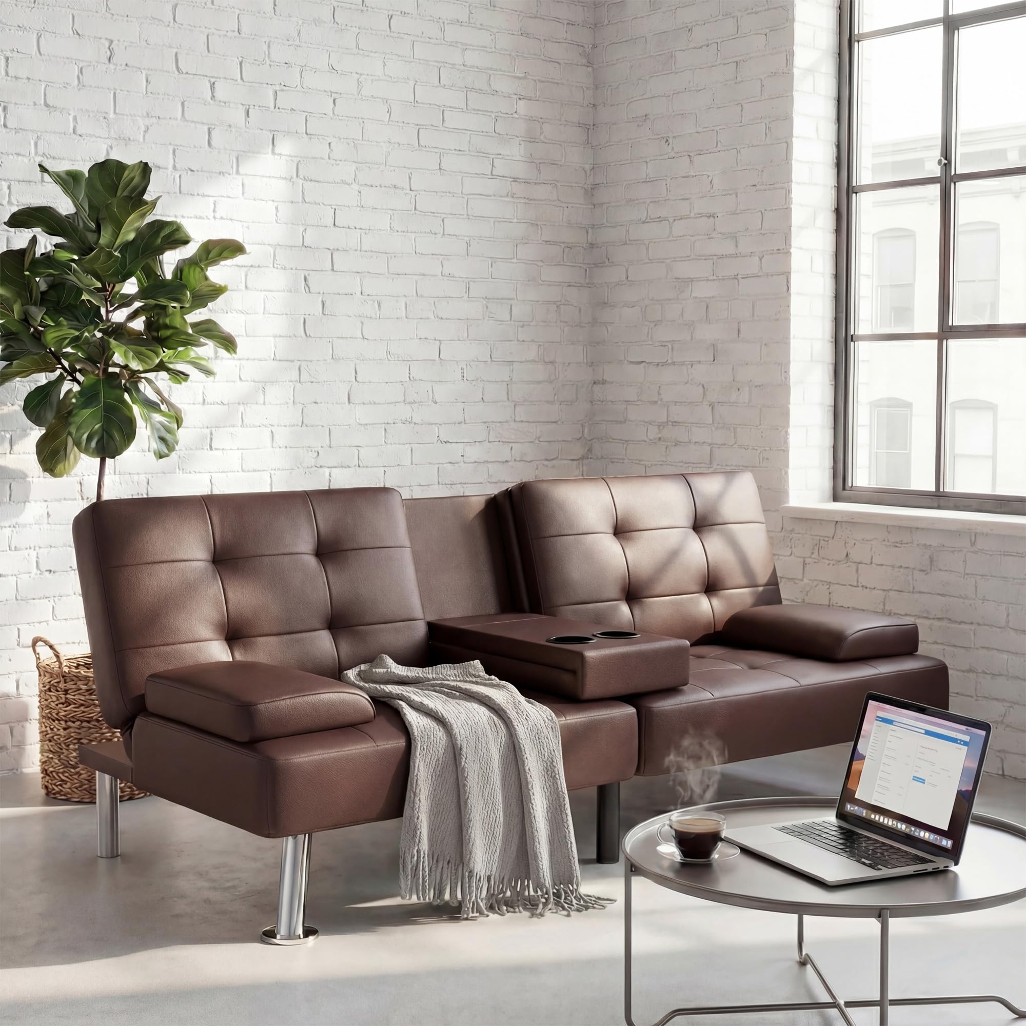 YESHOMY Modern Futon Sofa Bed, Convertible Futon Couch with Adjustable Backrest, Futon Loveseat Sleeper Sofa Bed with Armrest for Living Room, Small Spaces,PU Leather, Brown
