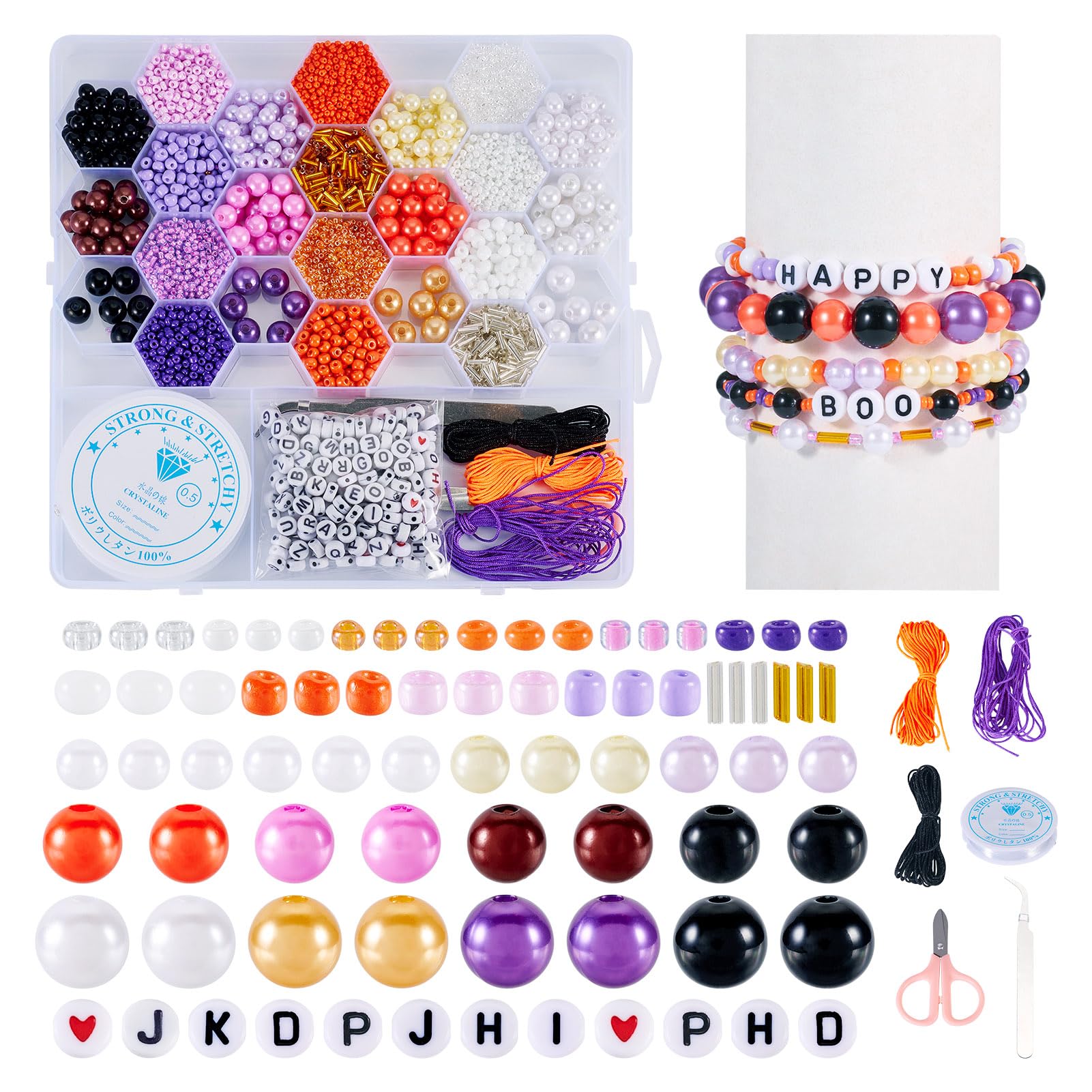 Boutigem Kit de fabricación de joyas de ABS y cuentas acrílicas de Halloween, 24 estilos de cuentas planas redondas de tubo de arroz con pinzas de tijera, cordón de cristal, decoración de Halloween
