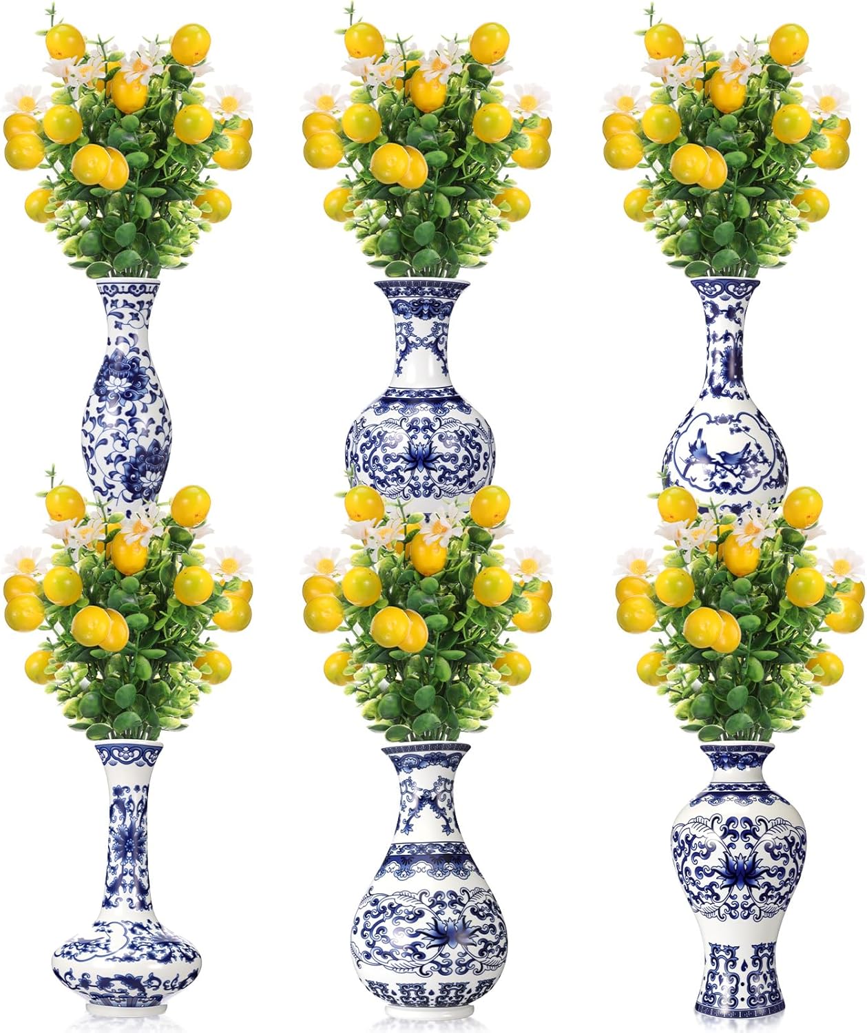 Vesici 6 Set Blue Tiles Lemon Table Centerpiece Decor, 6 Small Porcelain Blue White Bud Vase and 6 Artificial Lemon for Capri Mediterranean Positano Wedding Birthday Amalfi Coast Party Decor