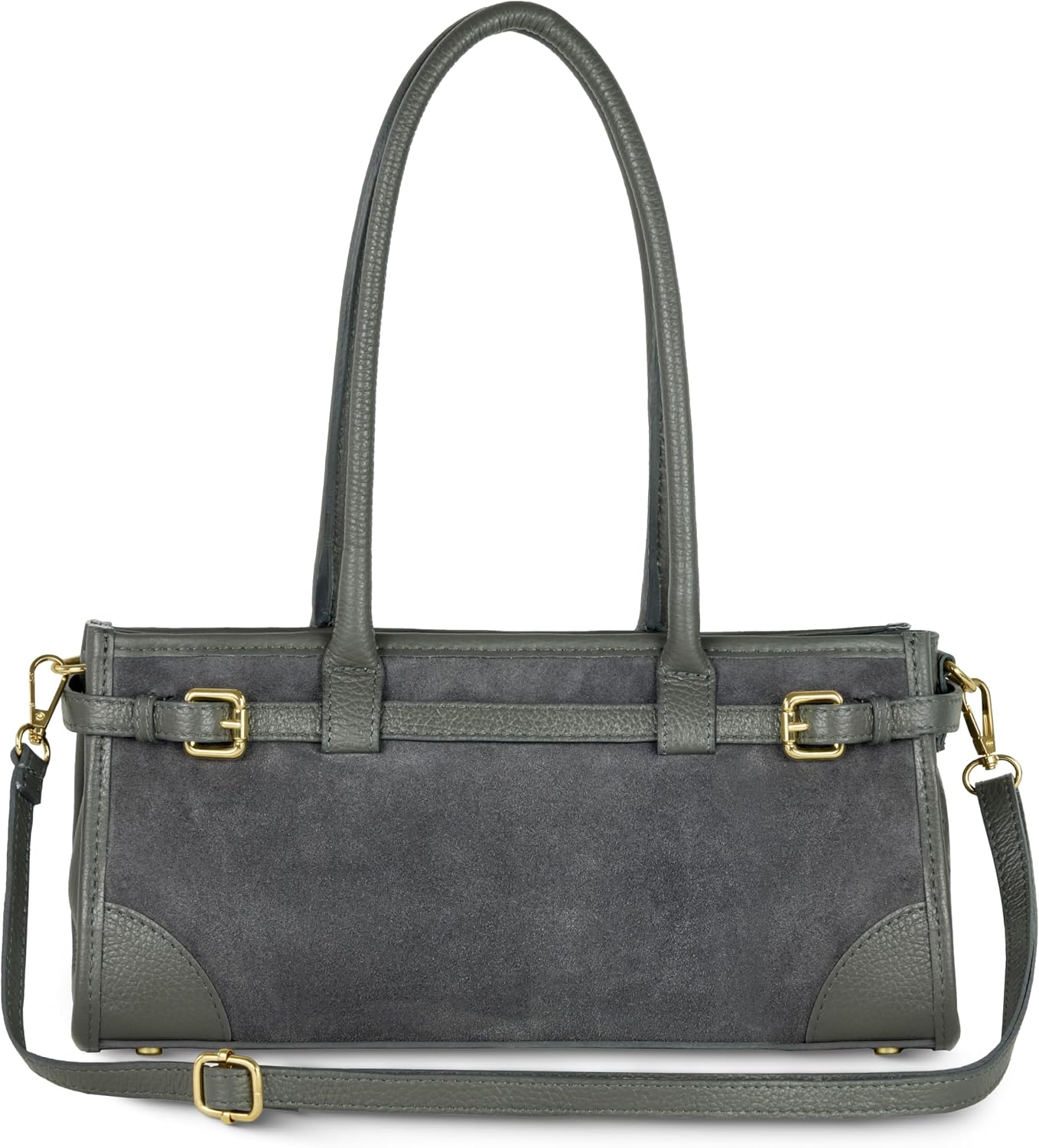 Italian Genuine Suede Compact Bag for Women with Leather Trim | Rectangular Structured Shoulder Crossbody Purse