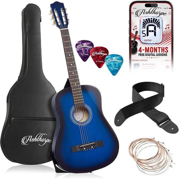 Ashthorpe 38-inch Beginner Acoustic Guitar (Blue) Starter Kit with Gig