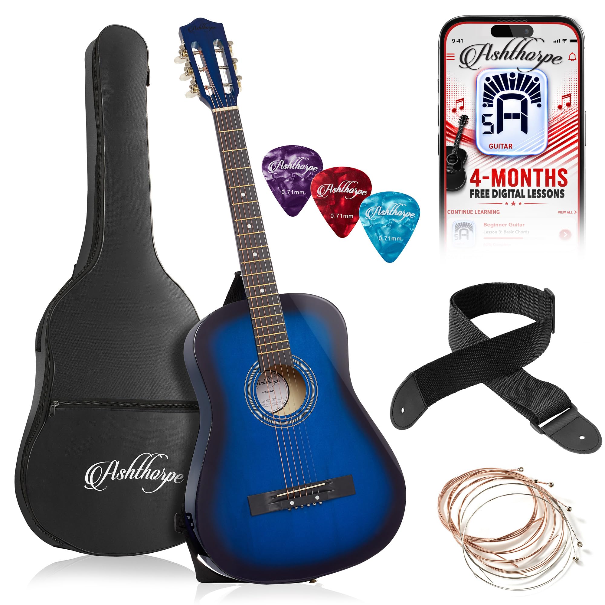 Ashthorpe 38-inch Beginner Acoustic Guitar (Blue), Starter Kit with Gig Bag, Extra Strings, Strap, Picks, and Lessons