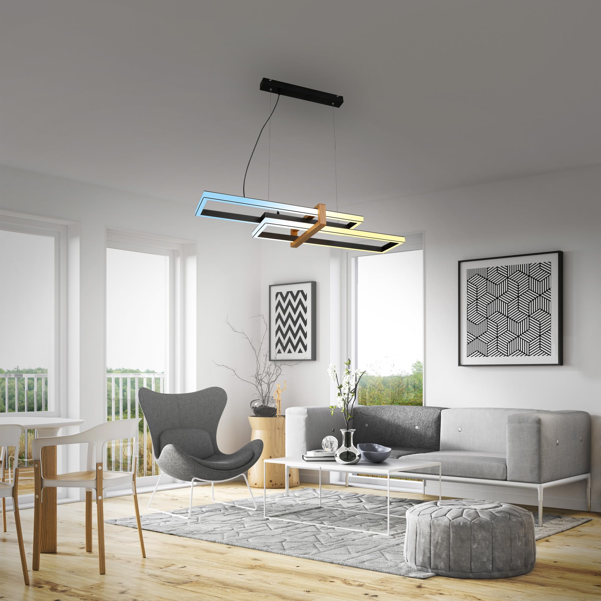 BRILONER – Dimmbare LED Pendelleuchte CCT, Fernbedienung, Nachtlicht und Timer, LED Deckenleuchte, Lampe, Wohnzimmerlampe, Hängelampe, Küchenlampe mit Holz