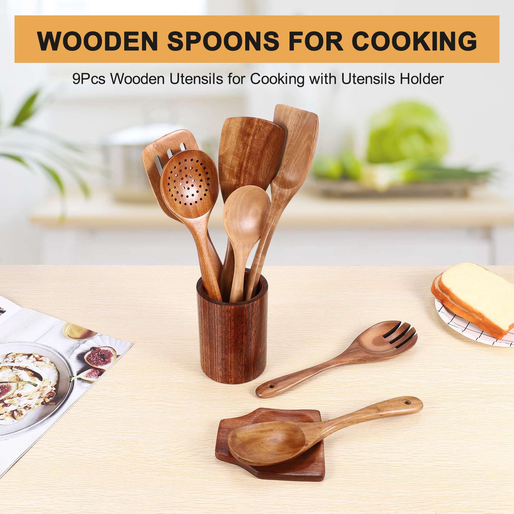 WALDWERK Set Di 9 Utensili Da Cucina In Legno Di Teak: Cucchiai, Spatola, Pinze, Frusta E Supporto - Finitura A Cera D'Api