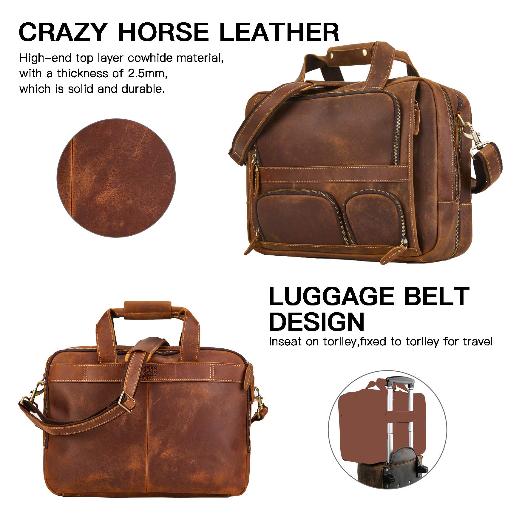 Maletín de cuero genuino para hombre Bolso bandolera para portátil de 15,6" Vintage bolso para negocios/viajes