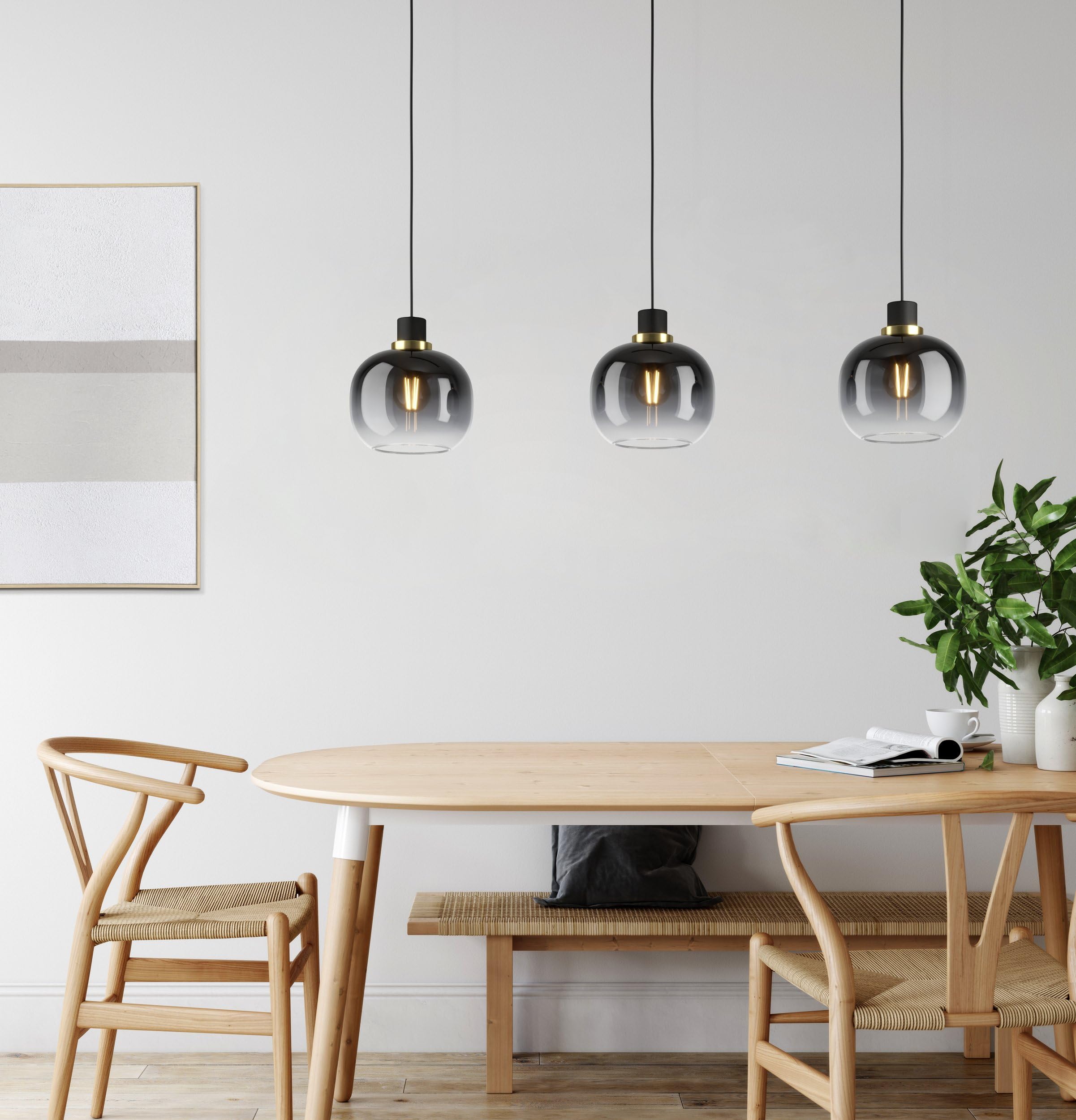 Eglo lampada a sospensione Oilella, 3 fiamme, vetro fumé, metallo | nero-grigio con dettagli ottone, sfera in vetro, attacco E27, lunghezza 95 cm, per tavolo da pranzo