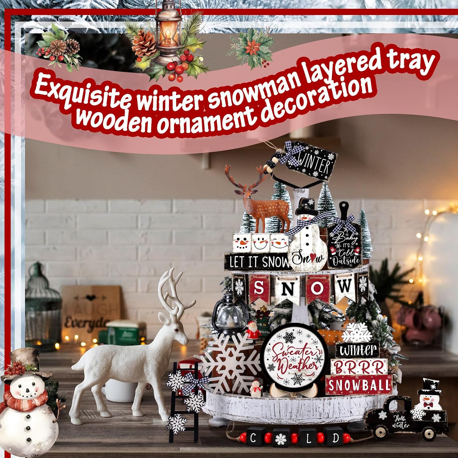 Vercraft Christmas Tiered Tray Decor Winter Tiered Tray Decorations Set Snowman Snowflake Gnome Truck Wooden Signs Farmhouse Xmas Table Decorations for Home Table Shelf(Snowman Decor)