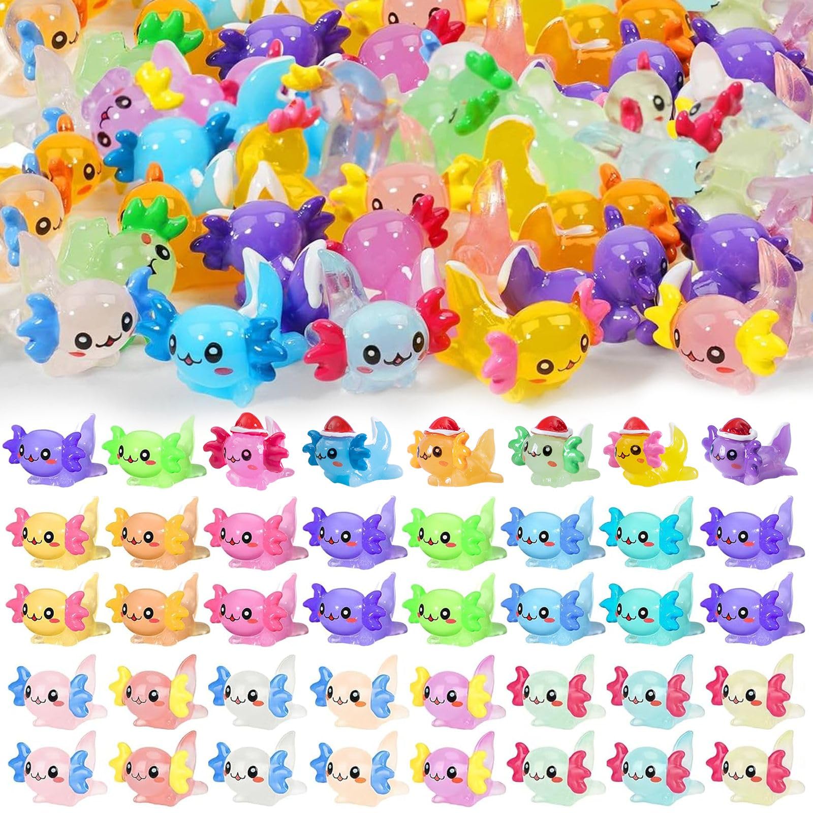 66 Pcs Mini Resin Axolotl, 21 Colors Tiny Axolotl Figurines Miniature Axolotl Glow in The Dark Tiny Small Little Resin Axolot Mini Axolotl Charm Ornament for Fairy Garden DIY Miniature Dollhouse Decor