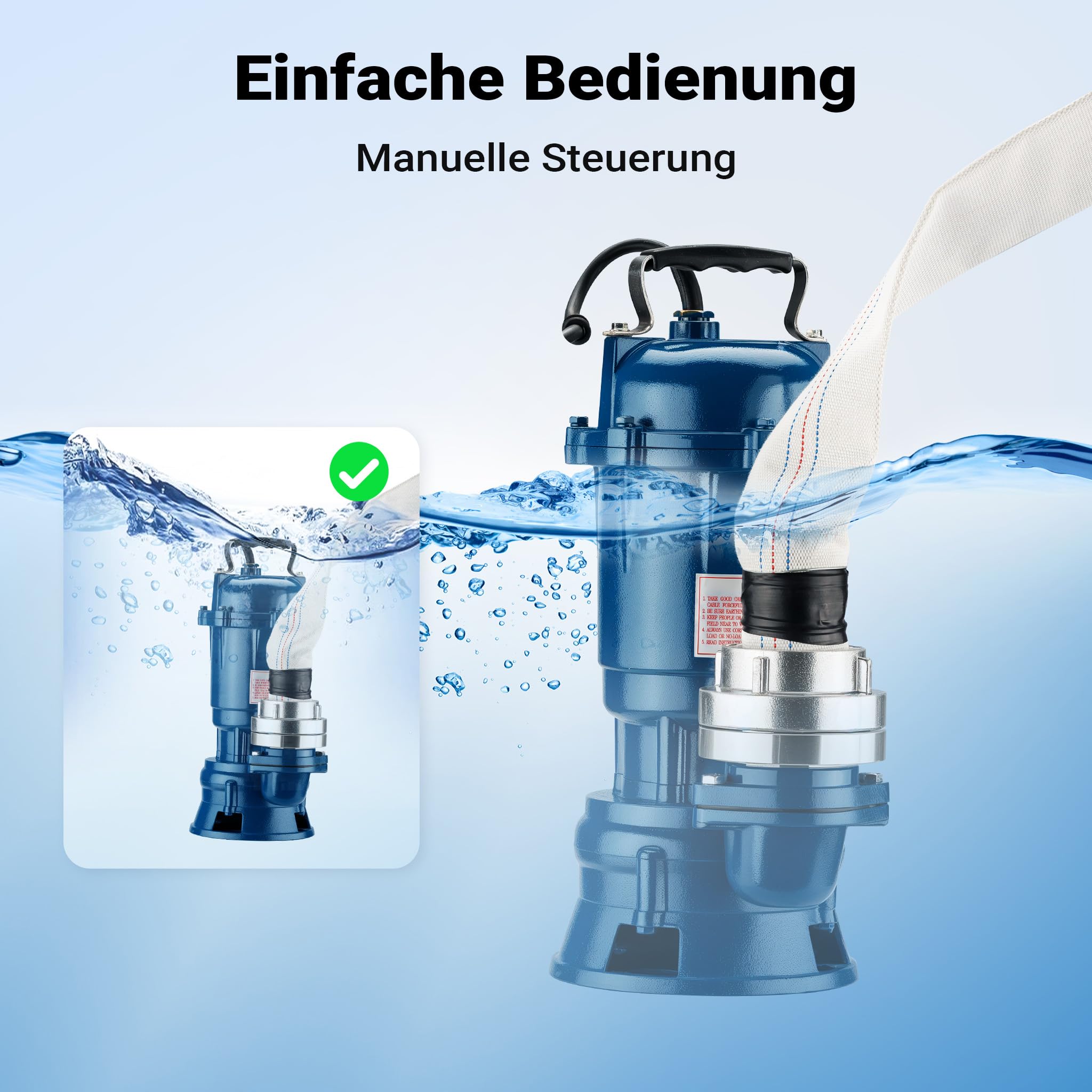 Wiltec Pompe pour Eaux usées Bleue 1500W Pompe submersible 1 bar Débit 22800 l/h avec Tuyau 20m Câble 10m Hauteur de refoulement 10 m Évacuation Drainage Chantier