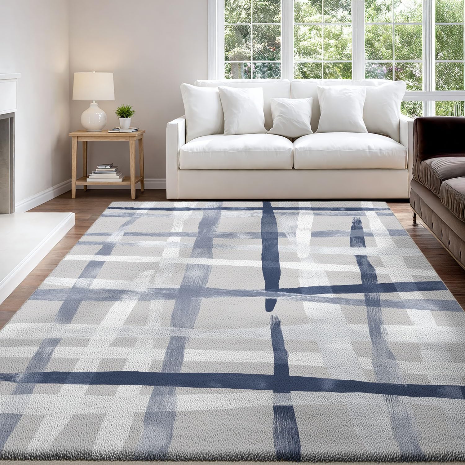 Alfombras Estampadas 120 x 180 cm, Patrón geométrico Abstracto Alfombra Antideslizantes Sombreado Cruzado cuadrícula Profundidad artística, Alfombras Lavables Despacho Pasillo, Gris Azul