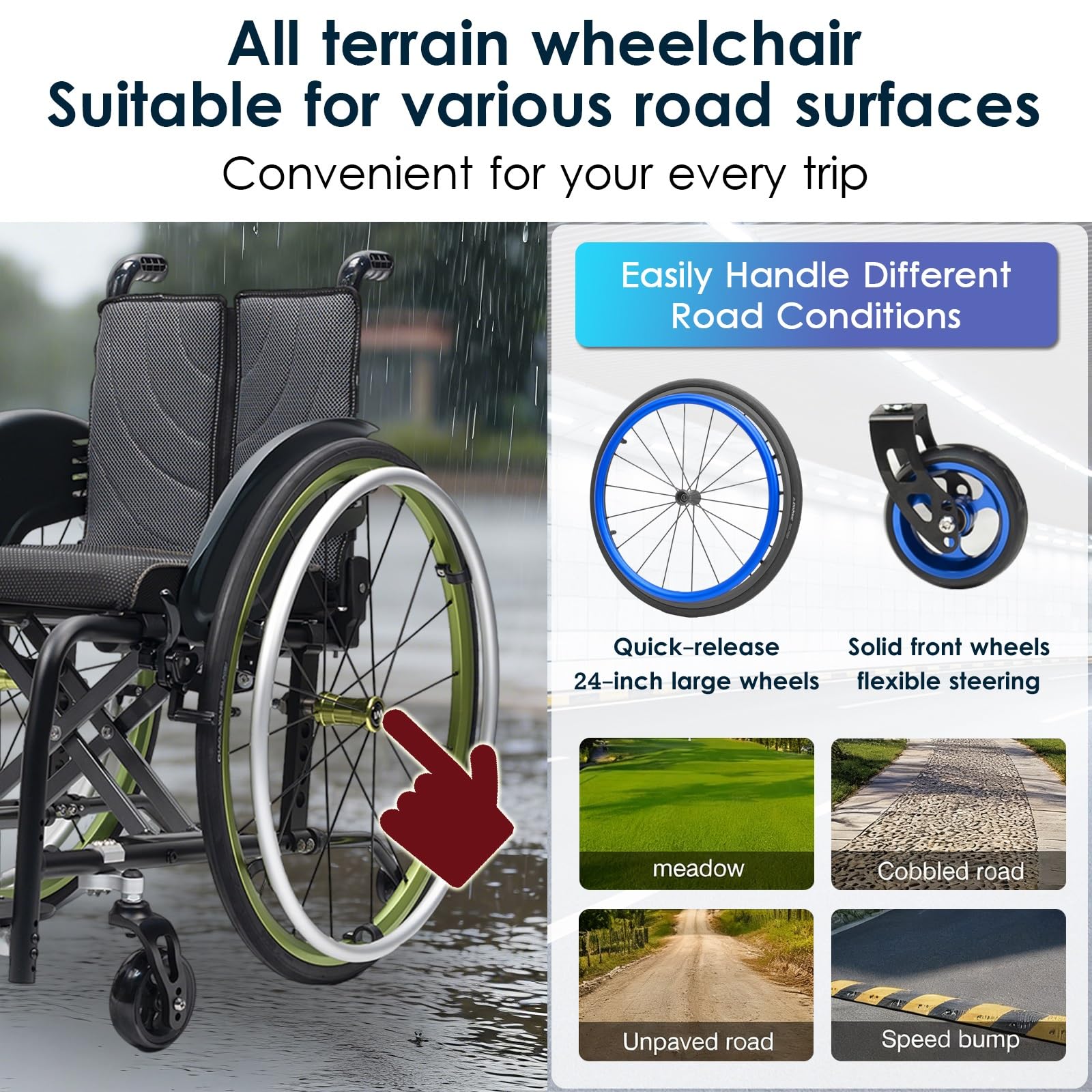Silla de ruedas manual ligera, silla de ruedas deportiva ultraligera portátil todo terreno, silla de ruedas plegable, sillas de ruedas de transporte con antivuelco(Green A,40cm/15.7in)
