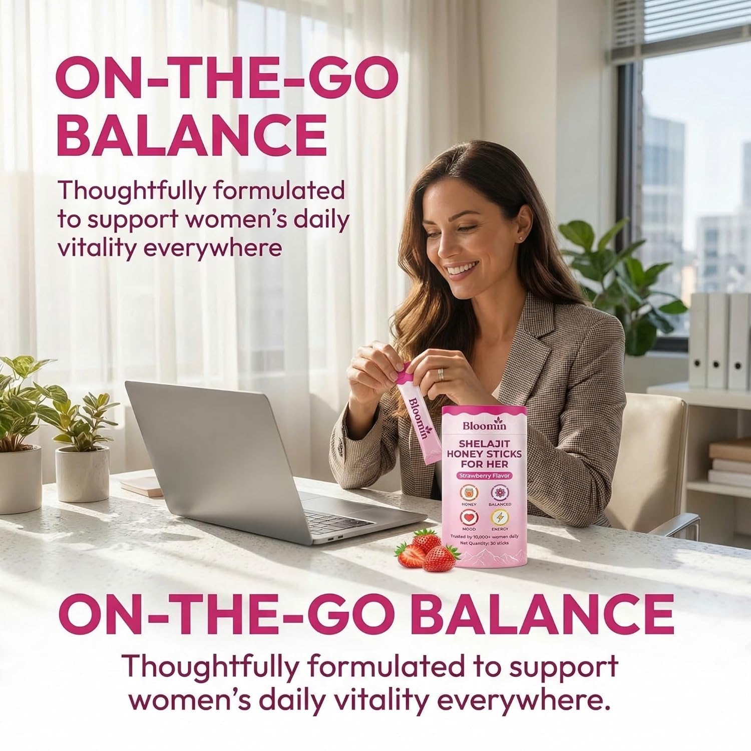 Bloomin Honey Sticks, Shilajit Honey Sticks for Women, Support Hormonal Balance, Focus & Stamina, Daily Energy, with Shilajit, Shatavari & Saffron, Non-Gmo, 30 Sticks (Strawberry)