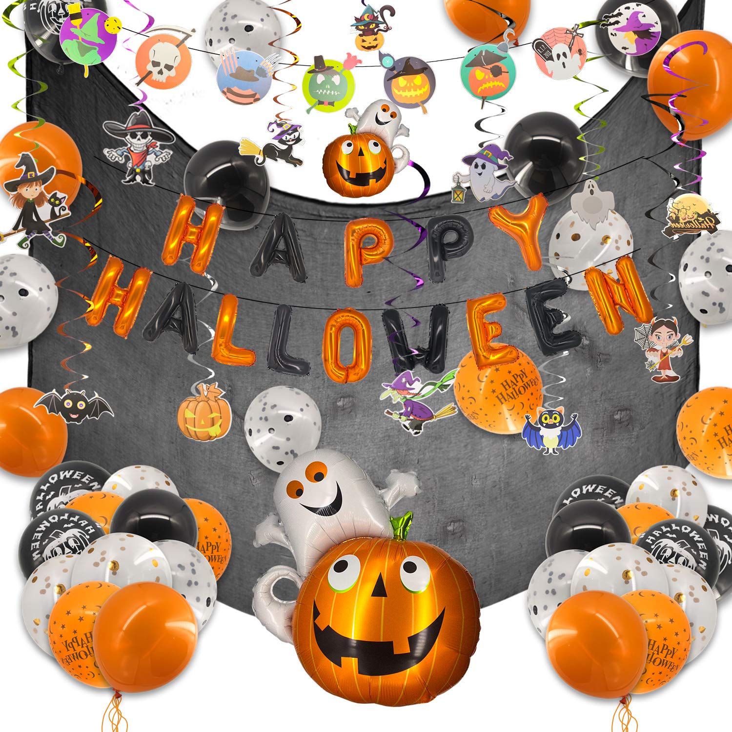 ECHOAN 65 Pcs Halloween Party Decoration, Halloween Happy Balloons, Pumpkin and Ghost Hanging Swirl Party Decorations,with Spider Web 1.65 * 2 Meter