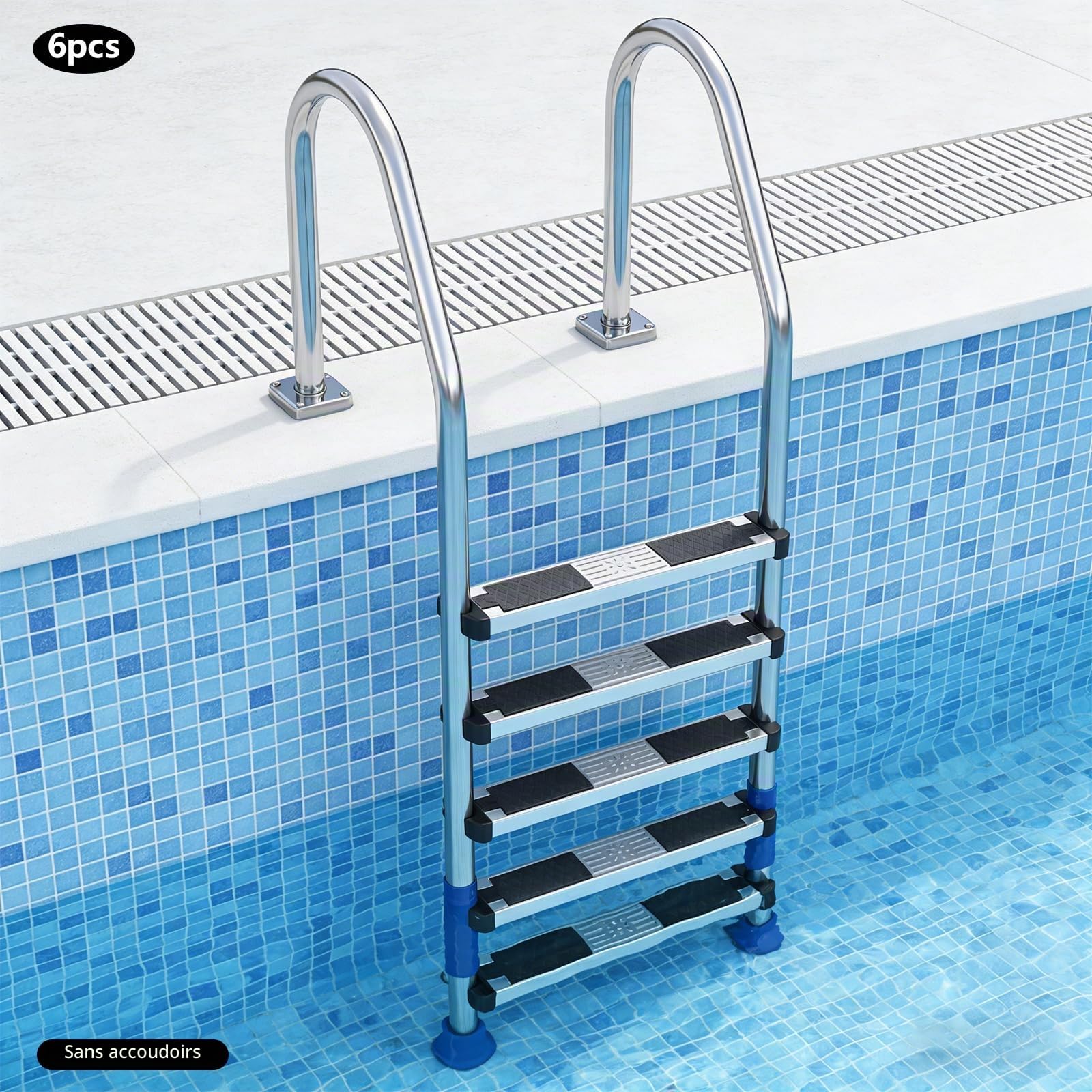 Lot de 6 marches de rechange pour échelle de piscine en acier inoxydable avec coussinet en caoutchouc antidérapant et vis, pour piscines encastrées, piscines hors-sol et spas, capacité de 150 kg, 49,3