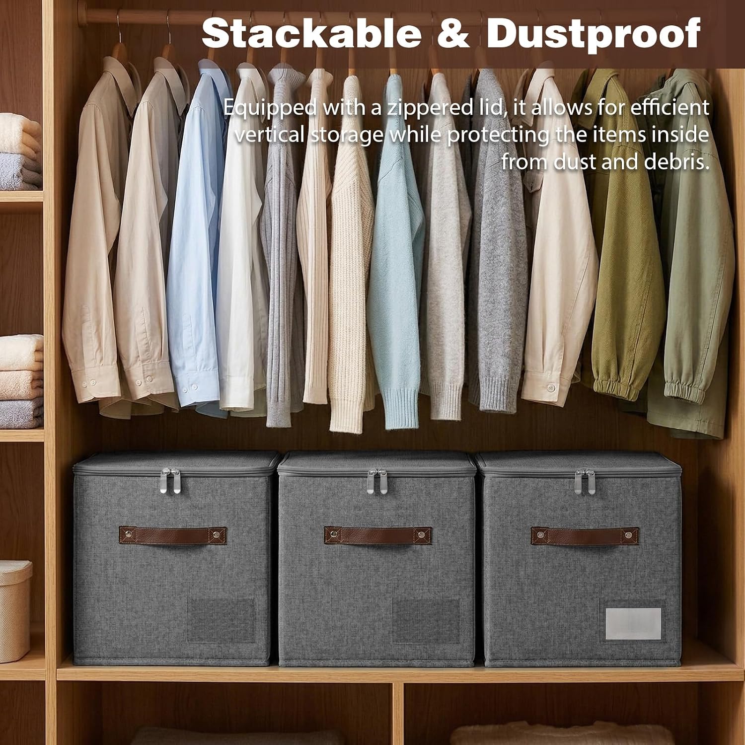 Storage Cubes with Zipper Lid, 11x11x11in Fabric Lidded Storage Boxes Baskets, 1 Pack Foldable Washable PU Leather Handle Cotton Linen Fabric Shelf Closet Organizer Container (Grey, Label Pocket)