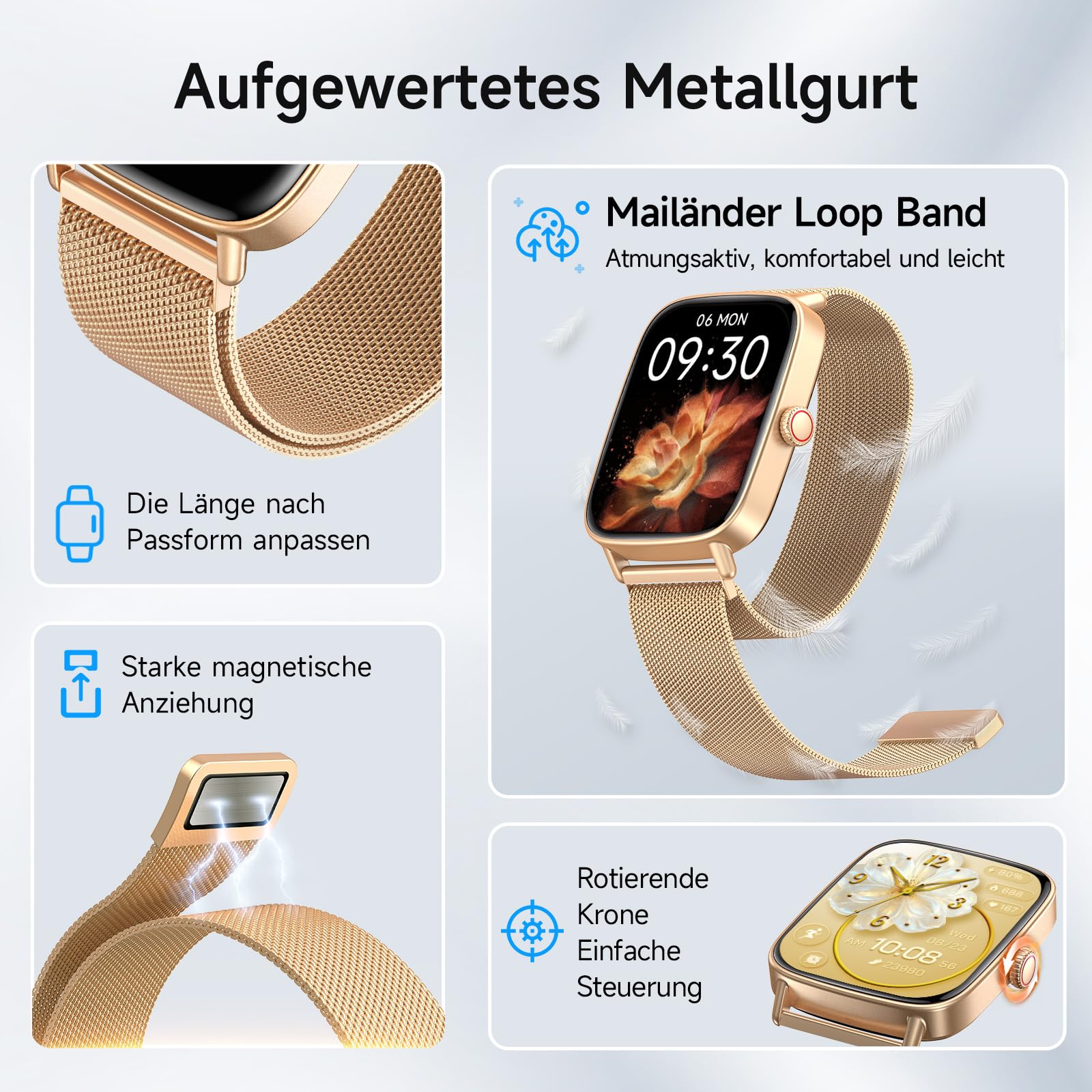 Smartwatch Damen mit Telefonfunktion 1.85" HD Herzfrequenz Schlafmonitor SpO2 Schrittzähler 110+ Sportmodi Fitnessuhr IP68 Wasserdicht Kompatibel iOS Samsung Android