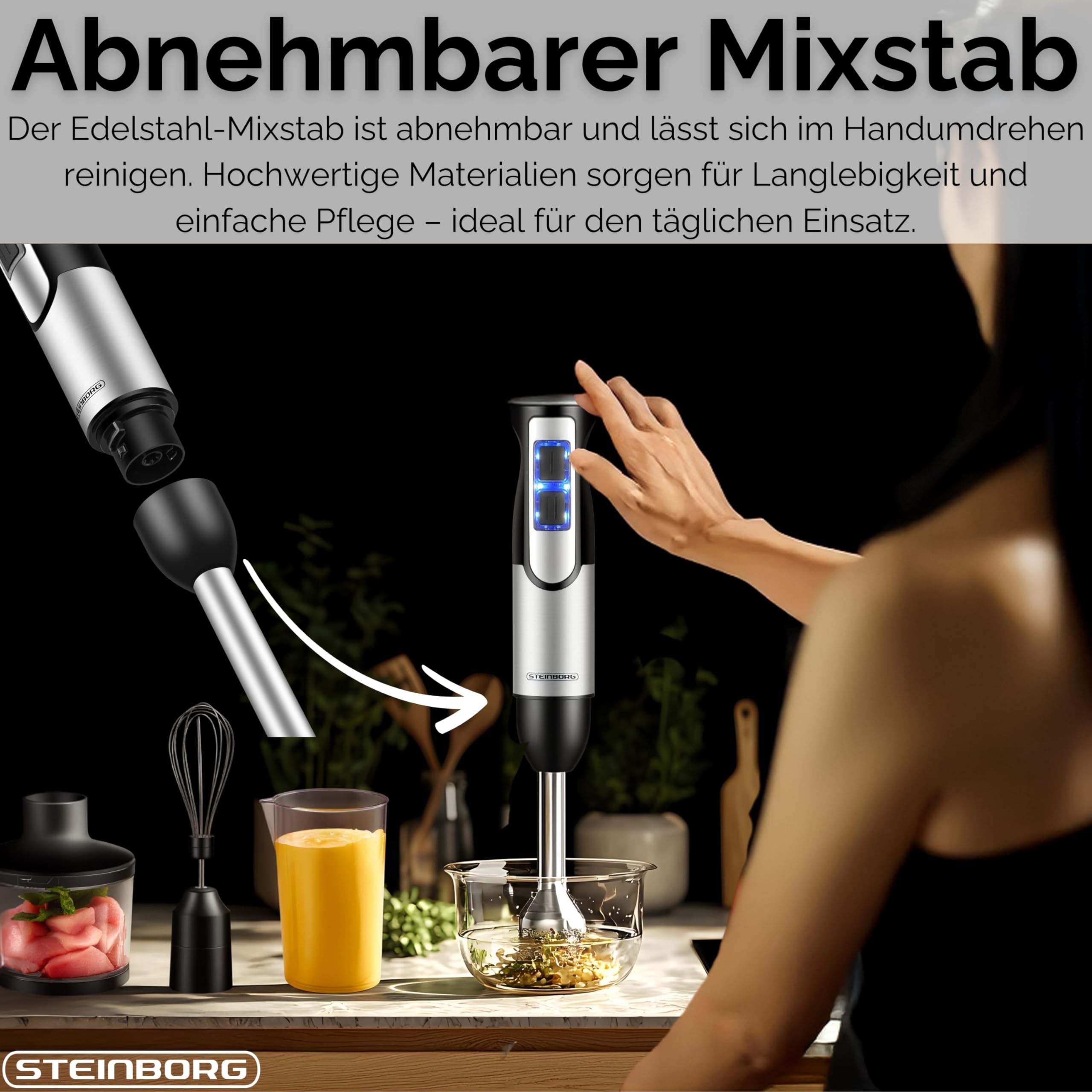 Steinborg - Batidora de acero inoxidable de 1500 W, batidor, picadora de acero inoxidable de 500 ml con función turbo, batidora de mano, picadora multifuncional