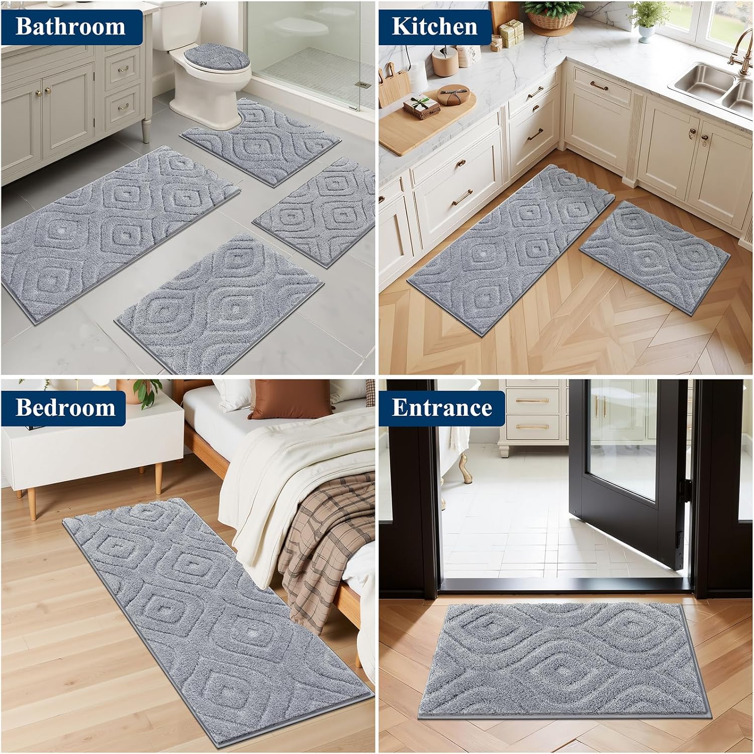 Ileading Bathroom Rugs Sets 5 Piece, Ultra Soft Absorbent Bath Mat for Bathroom, Non Slip Washable Bath Rug Set with Toilet Cover, Plush Bath Runner and U-Shaped Contour Toilet Rug