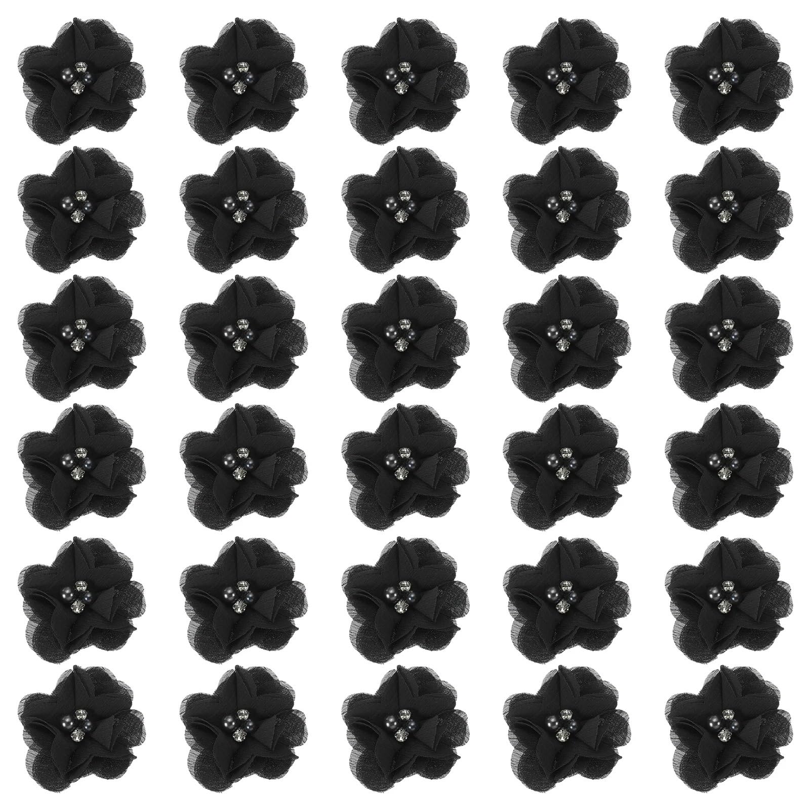 MDSRFGN Fabric Flowers 12/30pcs Chiffon Flowers Rhinestone Pearl Sewing Fabric Artificial Appliques For Clothing Wedding Craft(Black,30Pcs)