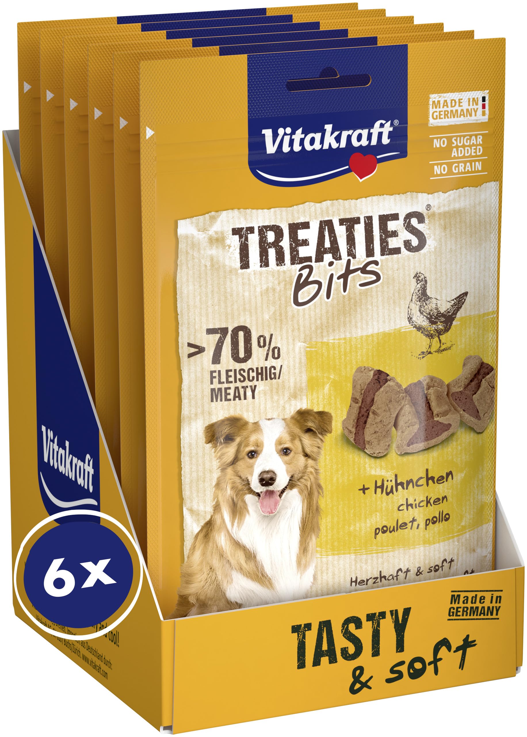 Vitakraft Treaties Bits, Hundeleckerli, weicher Hundesnack gefüllt mit Hühnchen, Hunde Trainingsleckerli, getreidefrei und ohne Zusatz von Zucker (6x 120g)