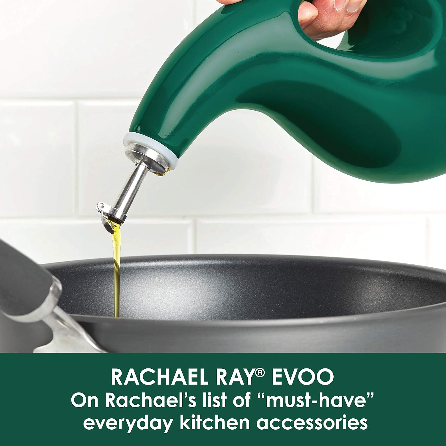 Rachael Ray Solid Glaze Ceramics EVOO Olive Oil Bottle Dispenser with Spout - 24 Ounce, Dark Green