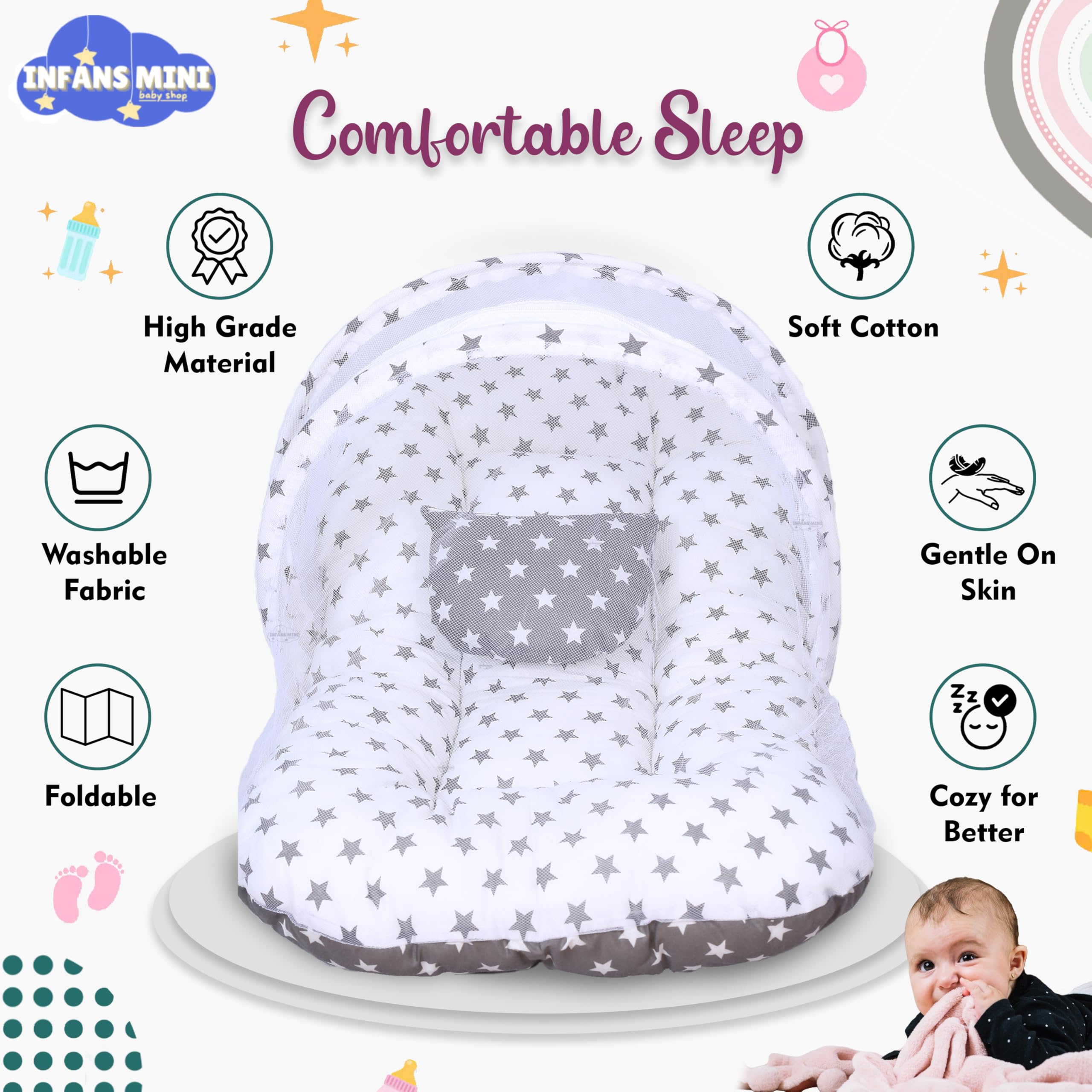 Infans Mini Baby Bed with Mosquito and Insect Protection Net, Portable Mattress with Zip Closure & Pillow Ideal for Babies from 0-6 Months-Unisex (Star Grey) - Image 6 thumbnail