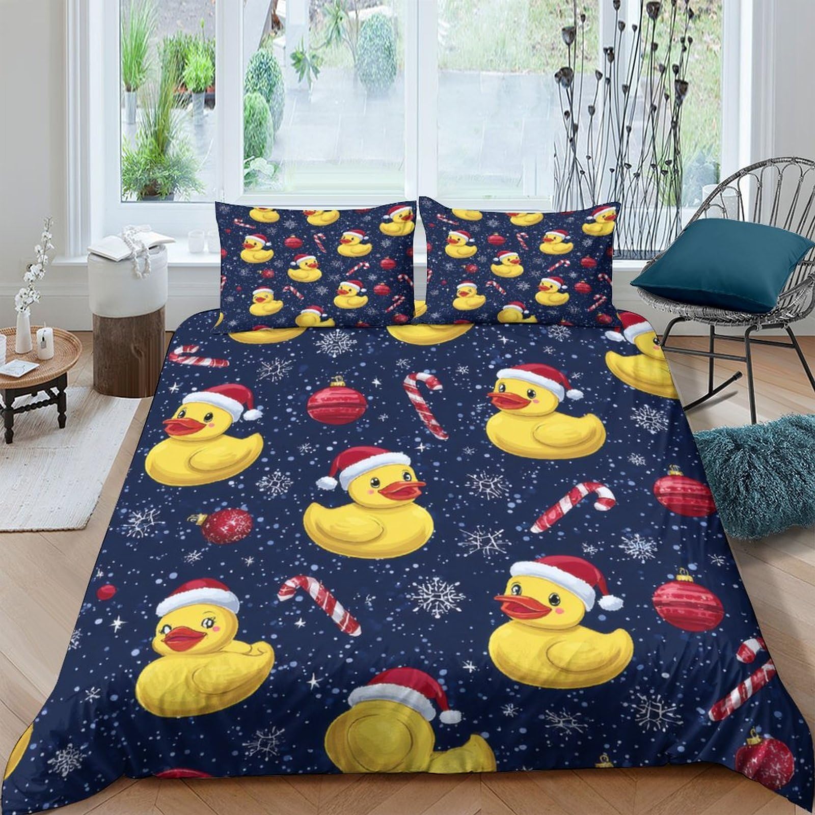 TUFRTGYHN 3D Printed Christmas Rubber Duck Duvet Cover Microfiber Soft Breathable Candy Cane Bedding Set with 2 Pillowcases for Bedroom Decor Single（135x200cm）