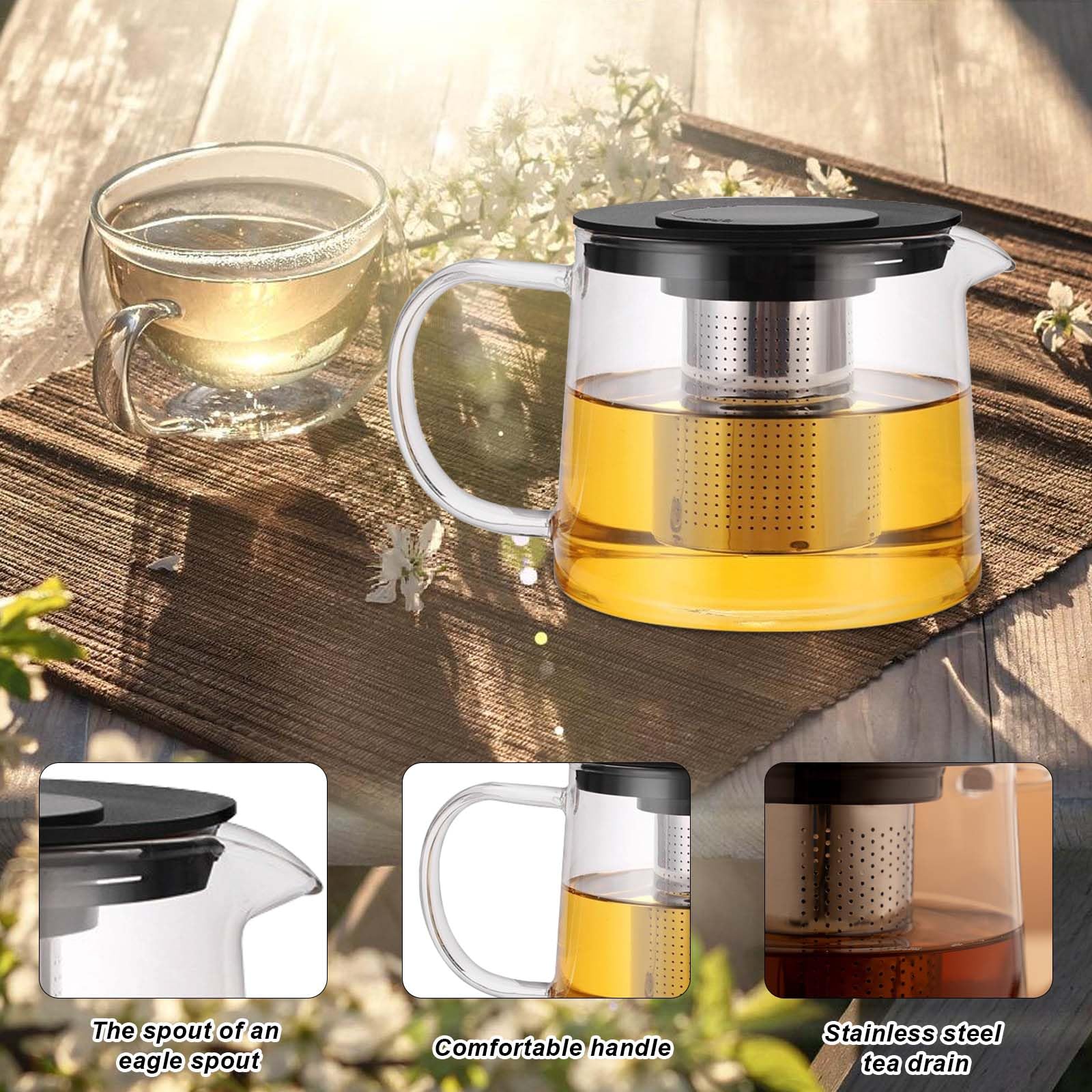 Teiera in vetro, 1,5 l, resistente al calore, con colino da tè in acciaio inox rimovibile e coperchio, teiera con inserto per colino, teiera termica per tè fiorito e tè alle foglie sciolto