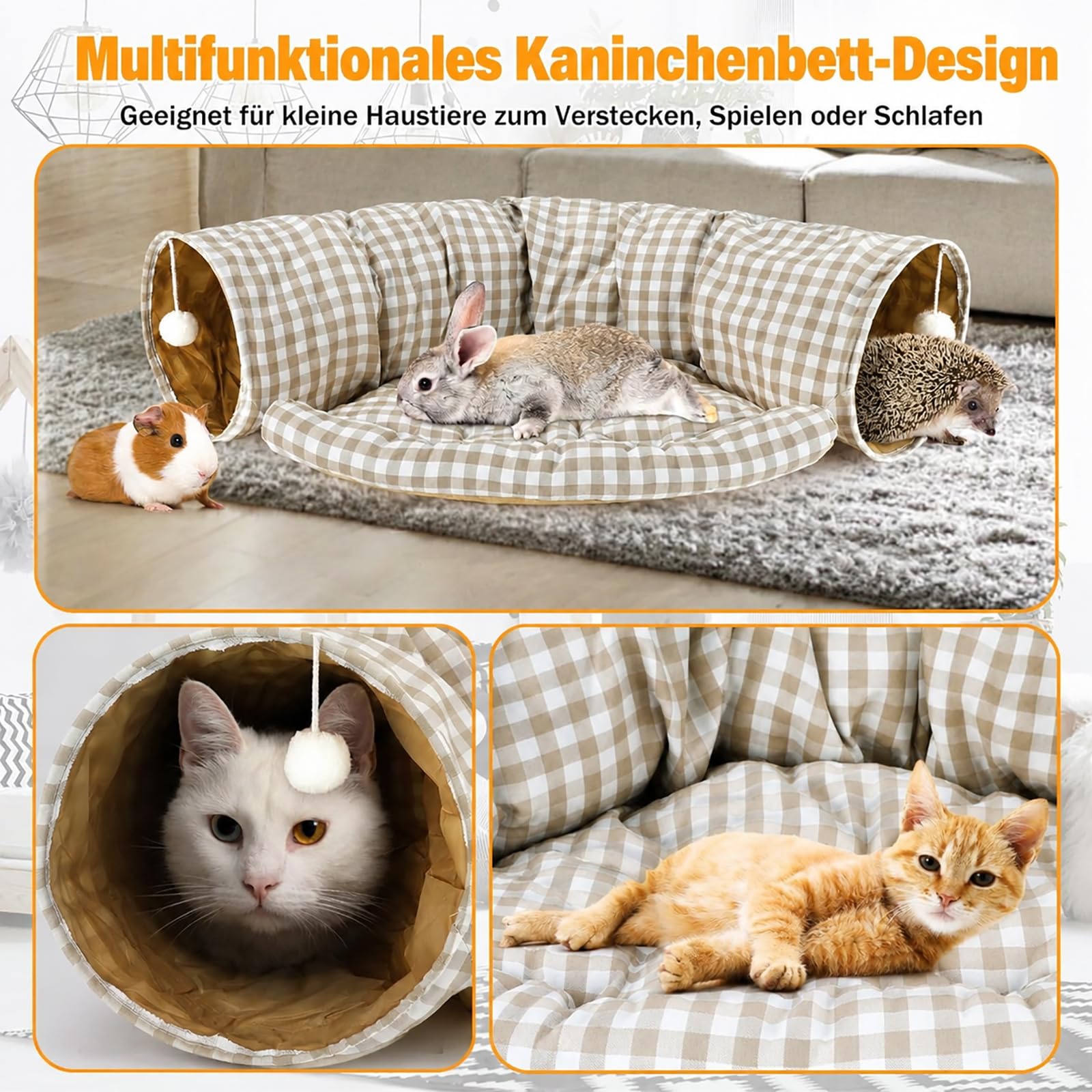 Lit tunnel pour lapin 2 en 1 – Tunnel pliable avec tapis amovible, tunnel douillet lavable pour lapins, cochons d'Inde et chats, espace de jeu et de couchage confortable pour petits animaux
