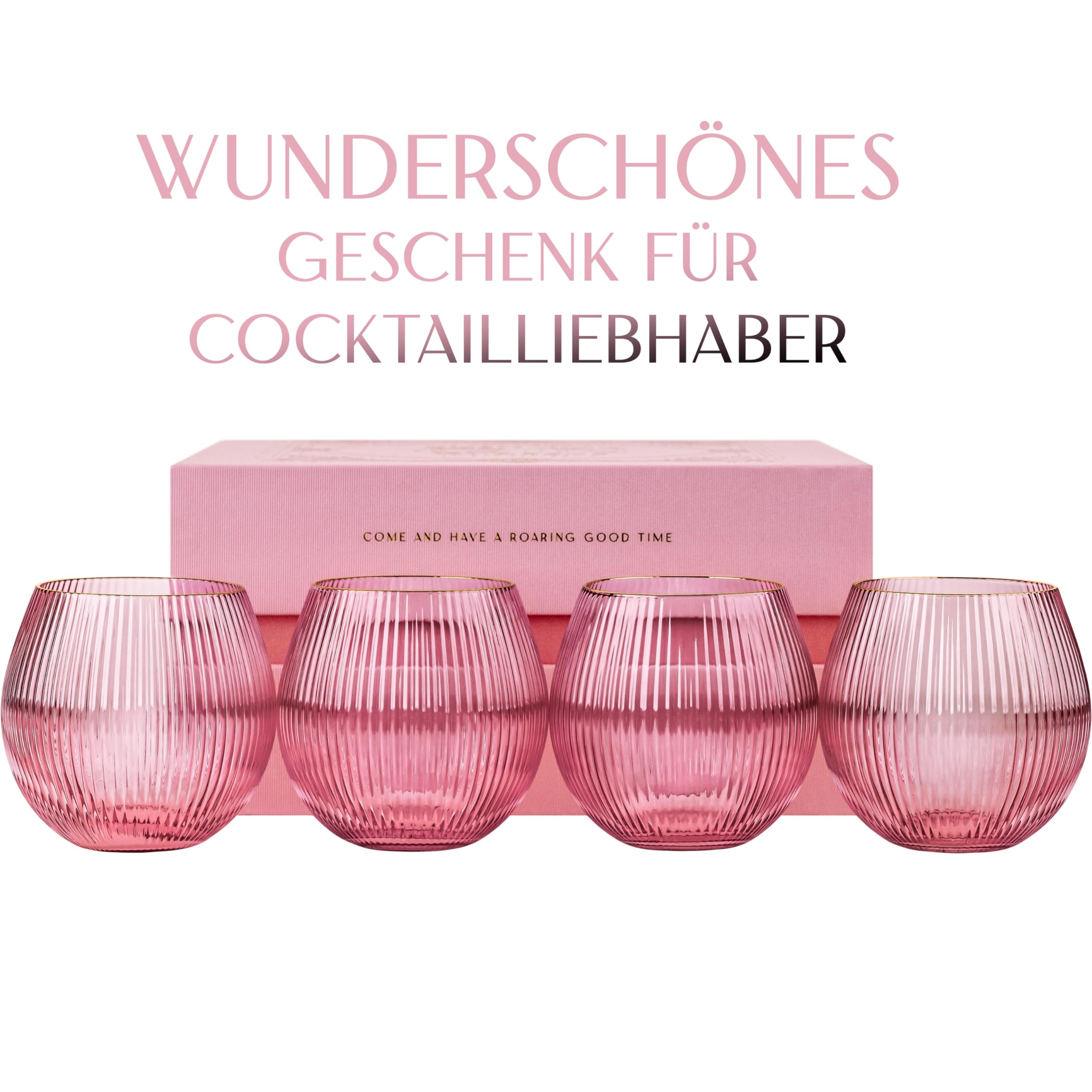 GLASSIQUE CADEAU Vintage Art Deco Gerippte Gin Tonic Cocktailgläser in Zartem Rosa mit Goldrand | 4er set | 400 ml Geriffelte Kristall Gingläser für Cocktails | Geschenkset für Gin Liebhaber