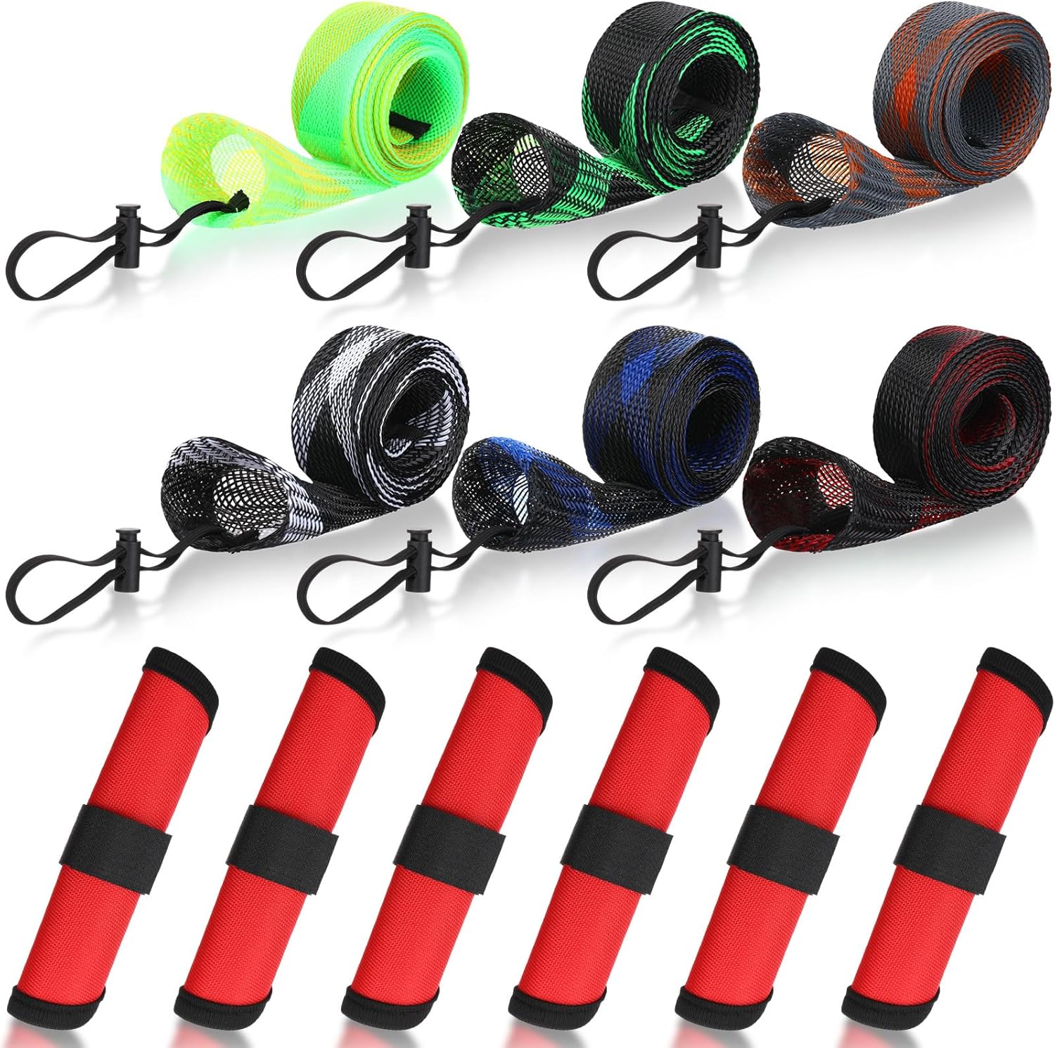 12 Pcs Fishing Rod Sleeves and Lure Wraps Fishing Rod Socks Pole Covers with Lanyard and 5.91 Inch Lure Covers for Fly, Casting, Sea Fish Rods Protector (Red)