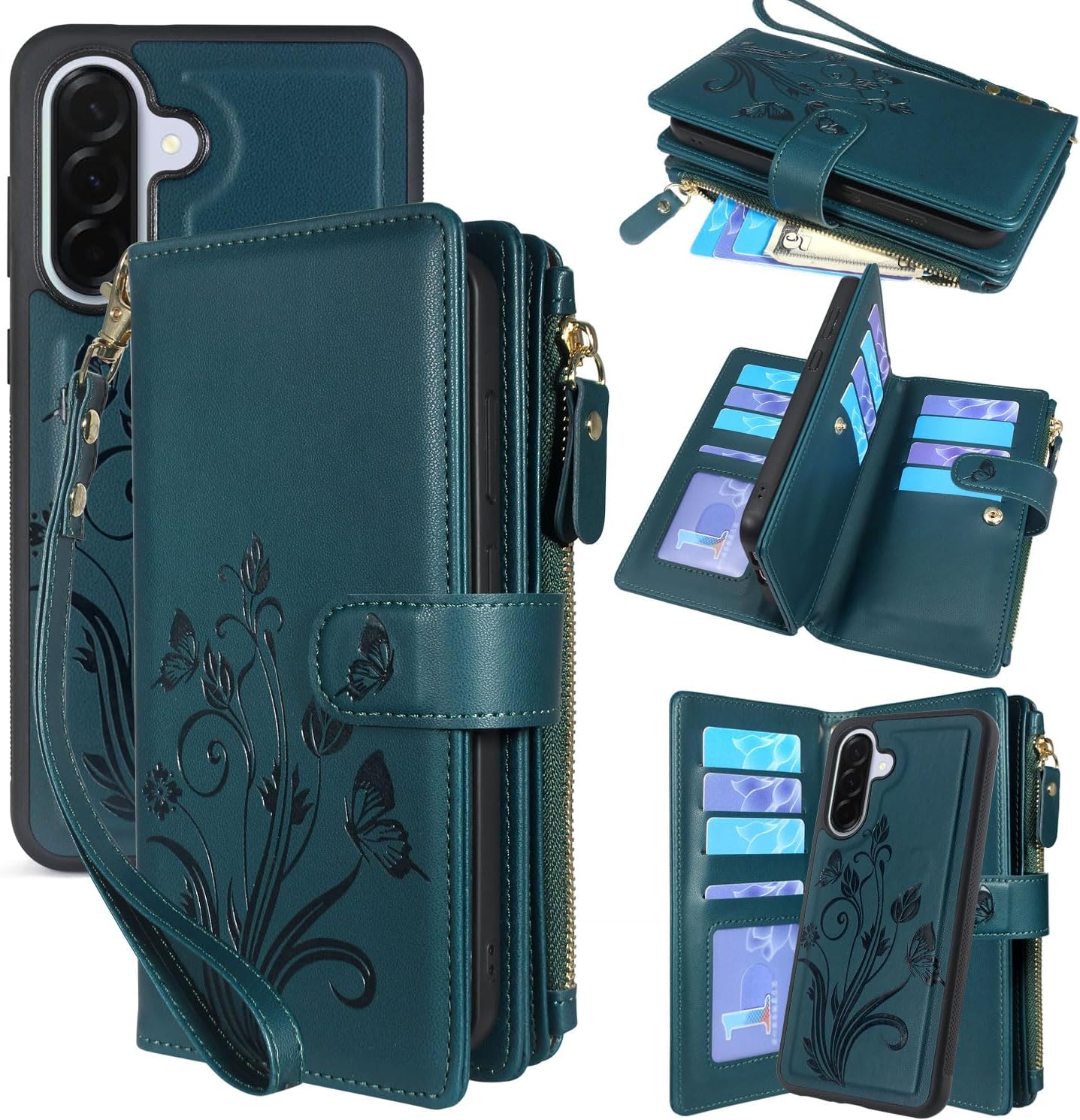 Lacass Case Wallet for Samsung Galaxy A37 A36 A56 5G, [12 Card Slots] ID Credit Cash Holder Zipper Pocket Detachable Leather Wallet Cover with Wrist Strap Lanyard（Floral Light Purple）